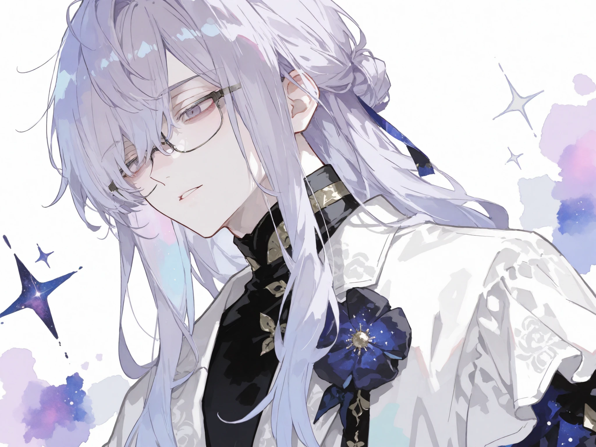 score_9, score_8_consolation, score_7_consolation, solo, watercolor, 1 male, solo , One Man , pale lavender hair , Long hair , beautiful , Eyes like space , fashionable clothes , white , stylish , handsome , adult male doctor , turtleneck , Glasses