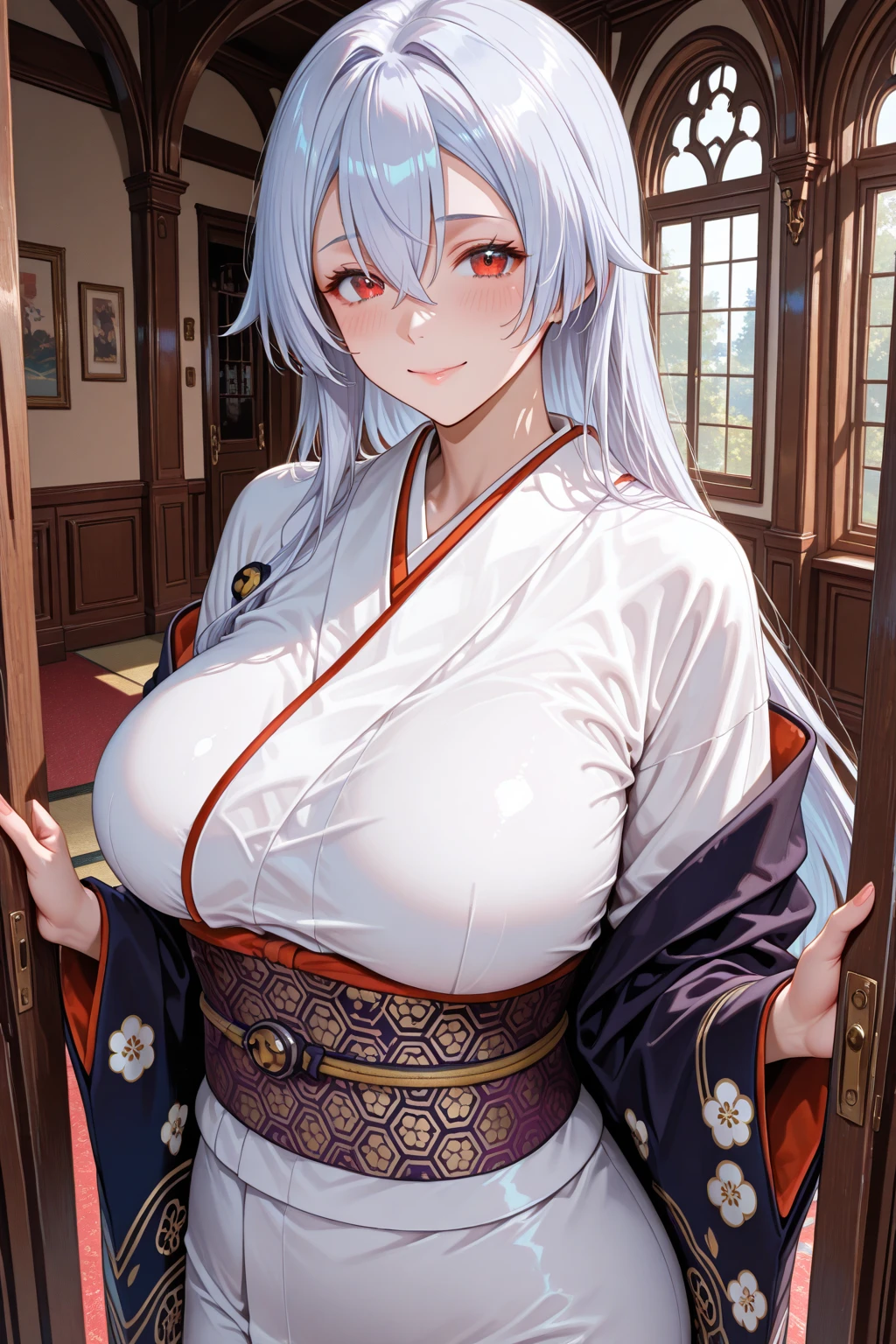 (masterpiece, best quality:1.3), (from below:1.3), Yagokoro Eirin, Touhou Series, perfect face, expressive eyes, 1woman, looking at viewer, 38 years old, gorgeous body, big breast, beautiful, anime, lora,1woman, silver hair, braid hair, nurse cap, red and blue clothes, long skirt, (evil look, looks down on viewer:1.5), (cinematic lighting, realistic, dream-like, enchanting atmosphere:1.3), (photo of a woman in her dark and mysterious environment:1.3), (the woman surrounded by an aura of mystery and intrigue:1.3), (a dark and mysterious laboratory decorated with many flasks, each filled with colorful liquids:2.0), (a table before Eirin decorated with flask, spread out in mysterious shapes:2.0), (she is full of joy in making new discoveries:1.5), (many books nearby, adding to the mystical setting:1.3), (a hint of incense in the air, adding to the sensory experience:1.3), 