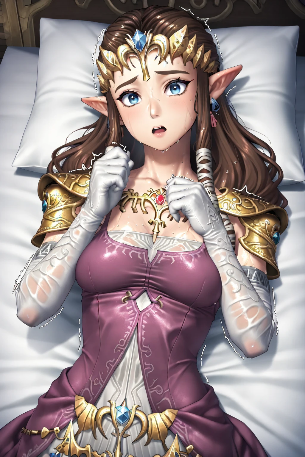 ((Very detailed and beautiful face)),((Show your armpits)),(()),(((( )))),((overhead shot)),(( shoulders)),((((upper body)))),((Crying)),,((alone))Anime art style,masterpiece,(Highest quality), (Super detailed),(Very delicate and beautiful),(alone),(Detailed face ),(((Close one eye))),(((((Mature Woman,Queen))))),((Very beautiful portrait)),((crinoline)),,((Long Straight Hair),((Blushing)),(((Purple blouse))),((Embarrassed expression)),((Dark brown hair)),Blushing,Princess Zelda, ((highest quality)), (Very detailed), ,(((Constraints))),beauty,Beautiful,Princess Zelda, twpr,)),
((in bed))nintendo, the legend of zelda