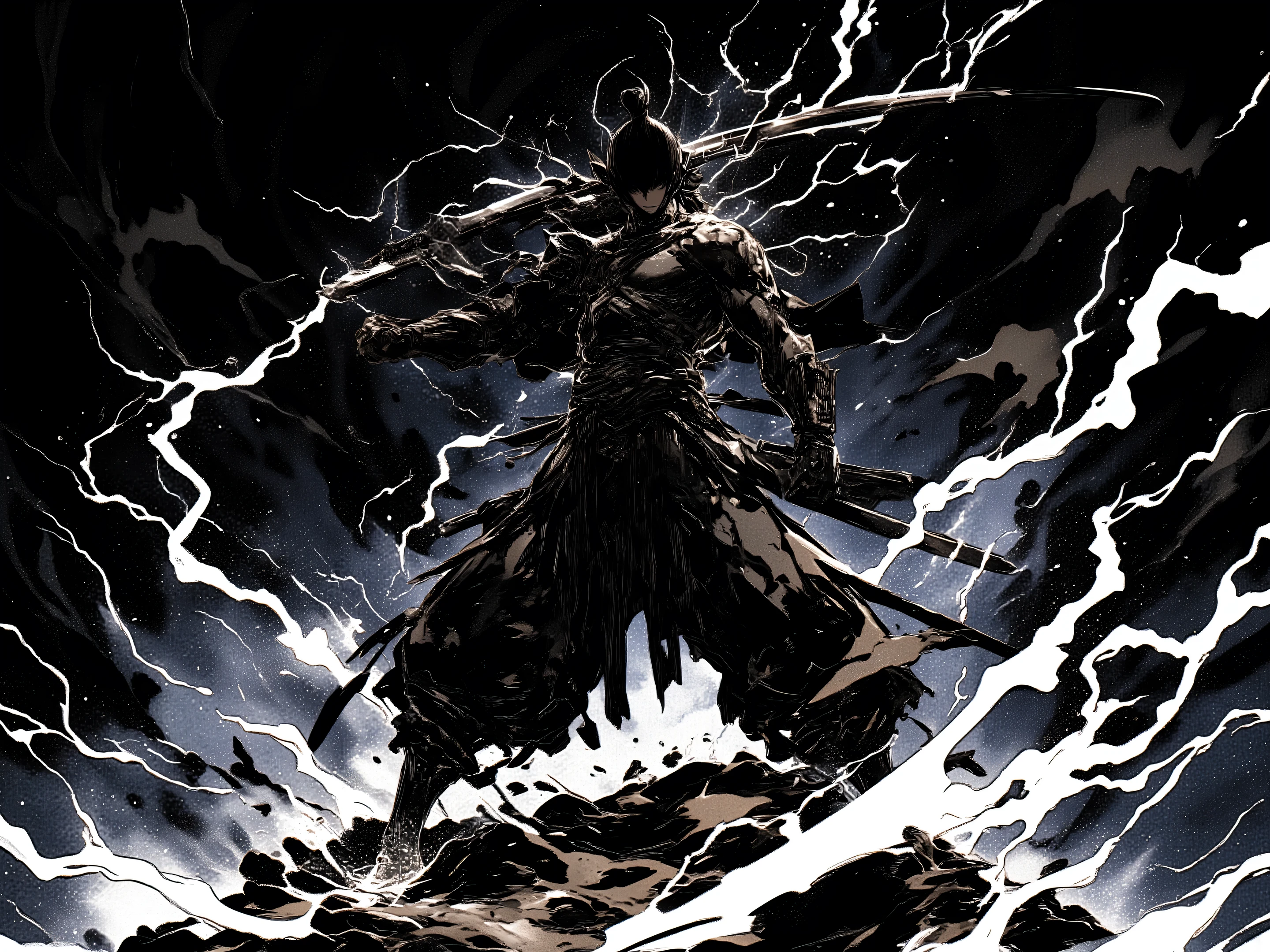 (black、black、black)、( blackい背景に墨絵)、(blackい線画)、(High Quality、high image quality)、(Osmudging Outline)、(流れるblack)、(blackい雷を纏い大剣を振り下ろす戦士)、(accurate body structure)、(blackい雷のエフェクトマックス)