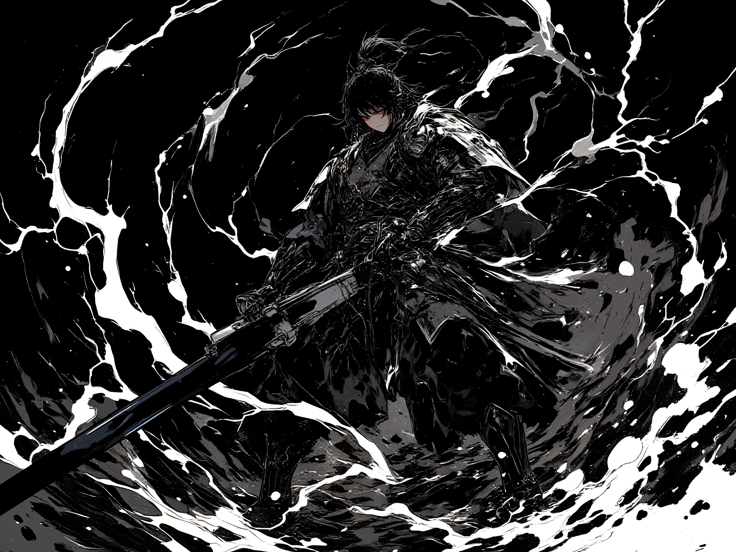 (black、black、black)、( blackい背景に墨絵)、(blackい線画)、(High Quality、high image quality)、(Osmudging Outline)、(流れるblack)、(blackい雷を纏い大剣を振り下ろす戦士)、(accurate body structure)、(blackい雷のエフェクトマックス)