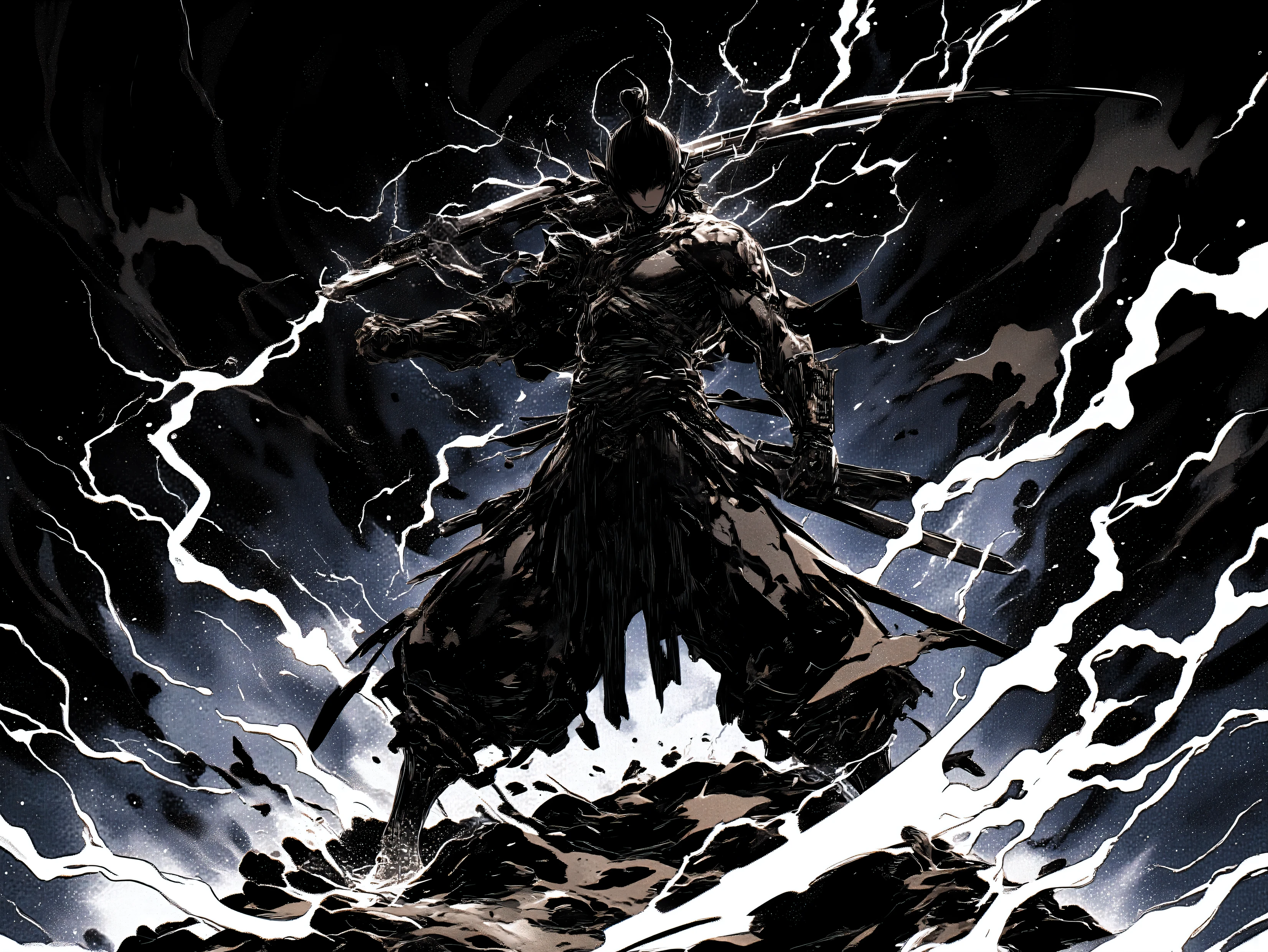 (black、black、black)、( blackい背景に墨絵)、(blackい線画)、(High Quality、high image quality)、(Osmudging Outline)、(流れるblack)、(blackい雷を纏い大剣を振り下ろす戦士)、(accurate body structure)、(blackい雷のエフェクトマックス)