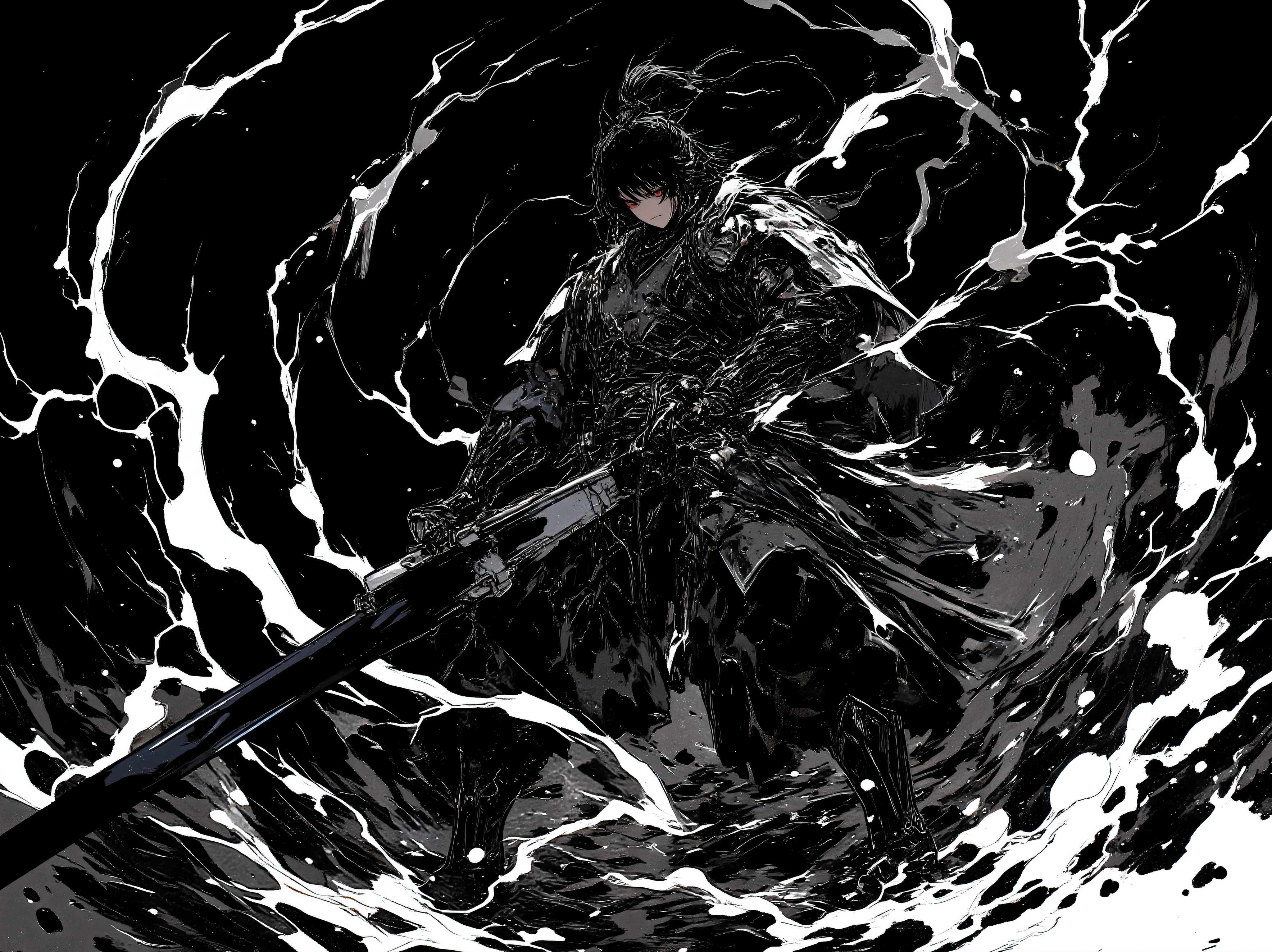 (black、black、black)、( blackい背景に墨絵)、(blackい線画)、(High Quality、high image quality)、(Osmudging Outline)、(流れるblack)、(blackい雷を纏い大剣を振り下ろす戦士)、(accurate body structure)、(blackい雷のエフェクトマックス)