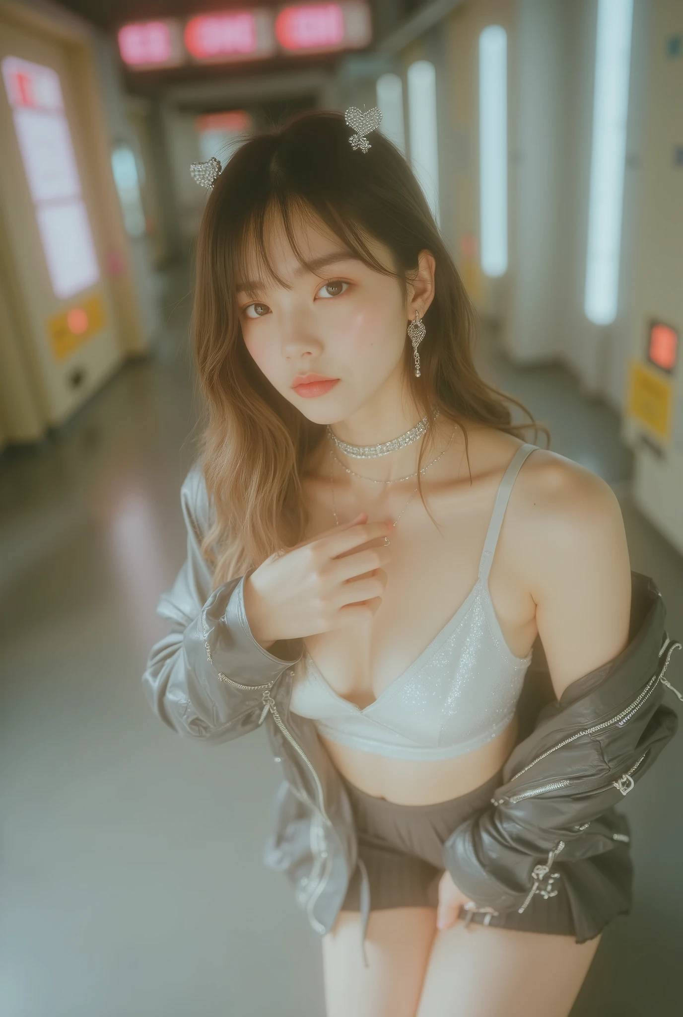 raw photorealistic high-fidelity K-POP idol fashion photo, full body vertical, low upward angle for long legs, 35-50mm lens, clean high-end digital look. early 20s East Asian woman in a futuristic indoor hallway, dark gray semi-gloss floor, corridor with neon signs and vertical light panels, cool urban mood, bokeh background, soft front key light and subtle blue magenta rim light, catchlights in eyes.

long dark brown hair with center part, loose waves at the ends, thin see-through bangs. playful yet classy expression, confident idol attitude, one leg forward, weight on one hip, upper body slightly twisted, one hand near waist pocket, other index finger gently touching lower lip, gaze slightly upturned with strong eye contact.

K-POP stage makeup, glass-skin dewy complexion, rose-pink blush, glossy gradient lip tint. cropped black leather jacket with silver zippers and studs, open to show layered silver metallic camisole, high-waisted charcoal pleated mini skirt, black sheer tights, chunky platform black ankle boots. rhinestone hairpins at left temple, long silver heart-chain earrings, thin choker and delicate long necklace, black short nails, silver rings, thin chain bracelet. balanced contrast, clear texture in leather, fabric, metallic accessories and sheer tights, realistic highlights and reflections, noise-free, no grain, no logo, no text.
