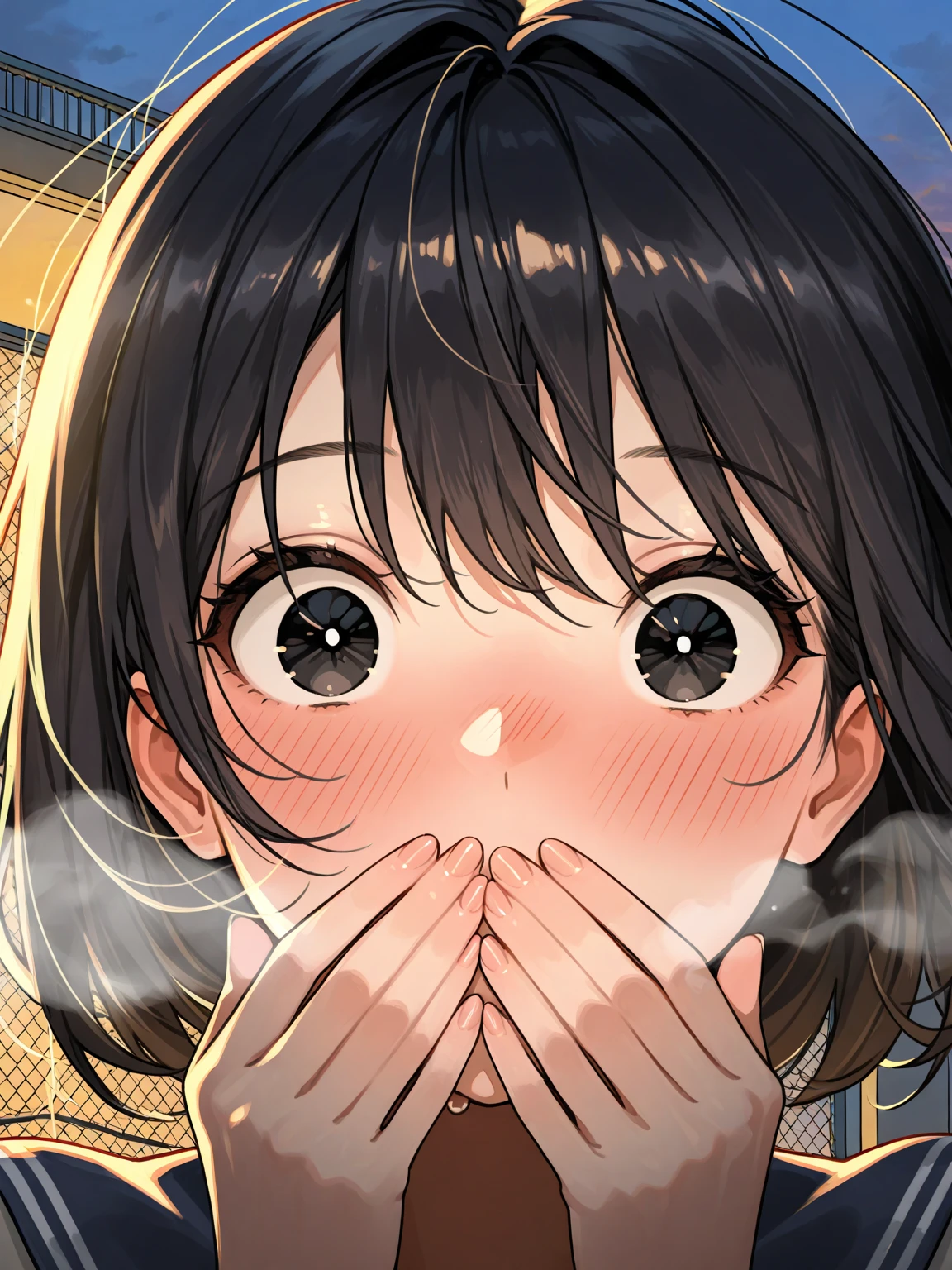 ,1 girl,Solo,hair,(black hair:1),uvula,portrait,masterpiece, best quality, very aesthetic, absurdres,looking at viewer,split,(Black clothing),pov,open mouth,White Breath,shiny,gloss,heavy_breathing