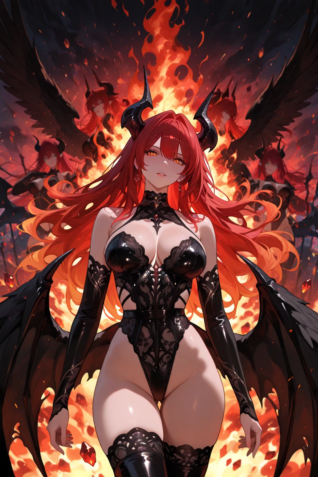 (masterpiece, best quality, absurdres), high quality, highres, ultra detailed, intricate, depth of field, cinematic lighting, soft lighting, yellow light, night, close-up, looking at viewer, beautiful woman, 1girl, dragon girl, large breasts, red hair, orange eyes, ((slit pupils, glowing eyes)), horns, wings, ((evil smile, fangs, open mouth)), fantasy, realistic fire in background, surrounded by fire, embers, molten rock, (nsfw), Fntsy4k