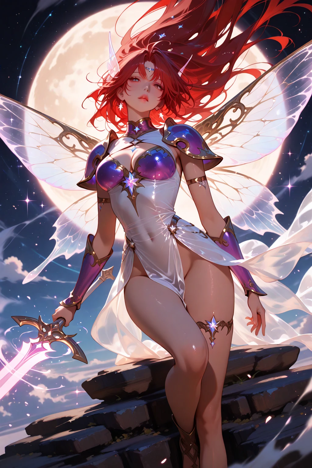 ((girl, Mecha)), Glowing eyes, Blue pupils，Smile，Armor damage, Mecha少女,Long hair, Ceramic body, Thigh gap, ((The background is a city with a sense of technology)),The starry sky is brilliant， (translucent, Reflective Skin), (Surrealism: 1.4)