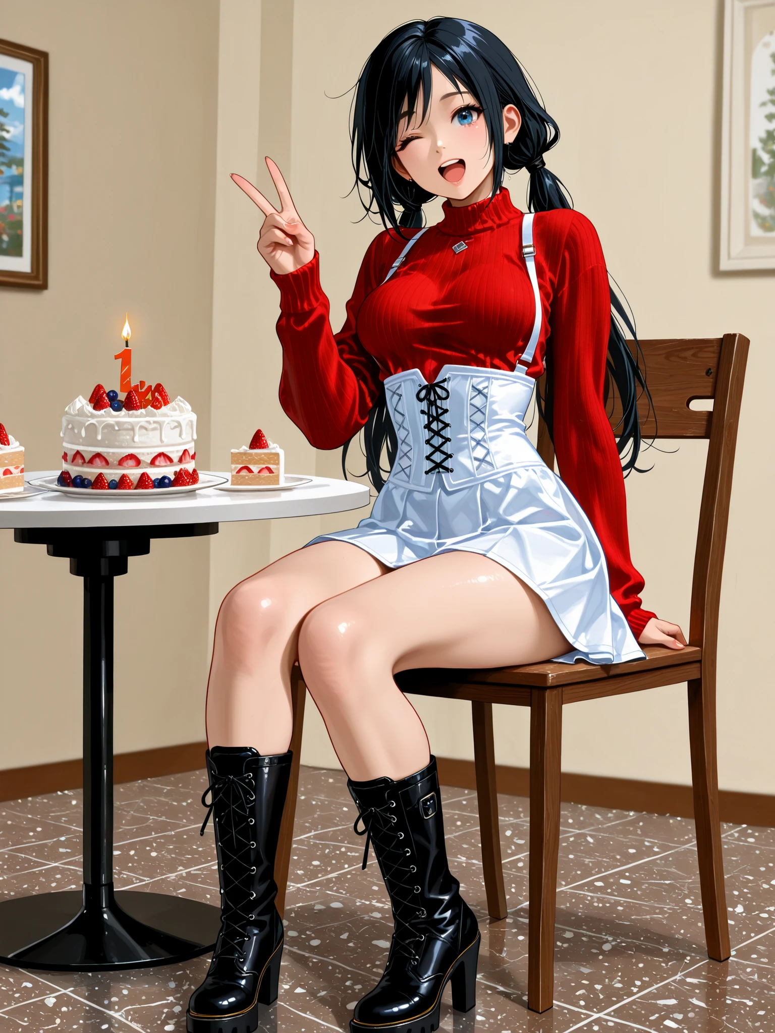 , ,perfect anatomy,masterpiece, Highest Quality, very aesthetic, Ridiculous, (Pyromyz (artist):0.4),,,1girl,kokoro, black hair, long hair, big breast,bouncing breasts,,,,,, kokoro_doa, beautiful blue eyes,,beautiful black hair, long hair, low twintails, Very beautiful thighs ,very Beautiful legs, ,,,,,,,,,,,,,,,,,,white dress corset, plain patternless red sweater,long sleeved sweater, white suspenders,,,white knee-length skirt,boots,high heels,,,,,,holding a birthday cake,happy,,,,,,open mouth,,,close one eye,,wink,,,,,, Restaurant, birthday cake on the table, sitting in a chair, making a peace sign with one hand...,,,,