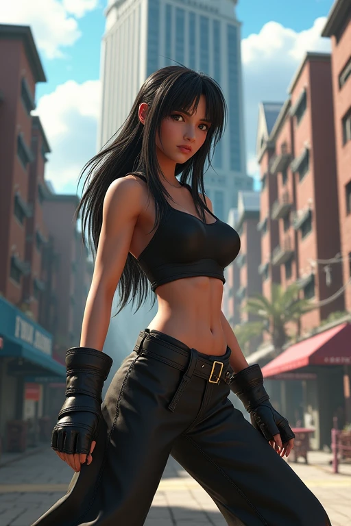 ((Medium , long hair, Small head)), Day Light, lighting sun, (well defined abdomen: 1.1), (perfectbody: 1.1), (short and wavy hair: 1.2), russet hair, collared, chain, photo by full body, poor street, wearing a black blouse, jeans jacket, ((Shorts)), (extremely detailed 8k cg wallpaper), (extremely delicate and beautiful), (work of art), (best qualityer: 1.0), (ultra resolution: 1.0), beautiful lighting, Perfect lightning, realistic shadows, [high resolution], detailed skins, ultra detaild