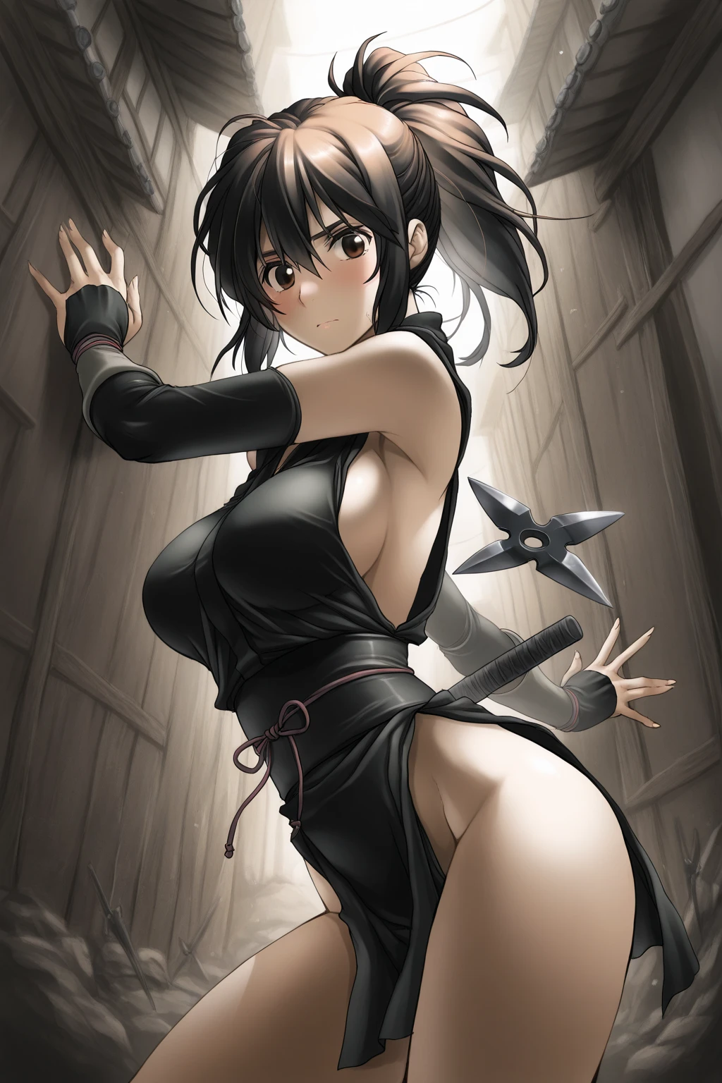 (((dramatic))), (((rough)),Anime character,1 girl,Solo,Black hair ponytail, Beautiful troubled face, Beautiful dark brown eyes, Vivid colors, Night, Top quality digital art, stunning art, Wallpapers 4k,8k,64k, HD, Incomparable masterpiece, Dynamic lighting, cinematic, epic, , big, shiny big,  that are about to spill out, (((torn shiny mesh pattern ninja clothes, ninjas, Japanese-style pattern tight long boots, skirt))), large cleavage, copious sweat on the body, blush,  hollows, tied behind with ropes, , , chained, large, hands chained, shackled, slave collars, chains around the neck, in a dark basement, cobblestones with an eerie cold atmosphere, , M-shaped , tied behind the hands with ropes, silver chains, , legs spread, hung with chains, pulled up by chains, Restraints, slaves, contempt, tears, , , mature adults, charm, submission, shiny skin, exhausted, piercings that do not interfere with small battles, chests that seem to stick out of clothes, chests that are full of tears, low angles, white ,