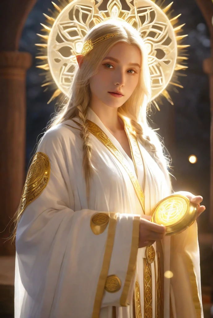 An image of a woman in a white dress holding a heart of Arafo, trending on cgstation, Anime goddess, the sailor galaxia. Beautiful, angelic golden armor, Ross Tran 8 K, IG model | Art germ, wearing angel halo, golden halo behind her head, Portrait Chevaliers du Zodiaque Fille, karol bak uhd, beautiful gold saint, Goddess of Light 1girl，looking at viewer，simple background ，solo