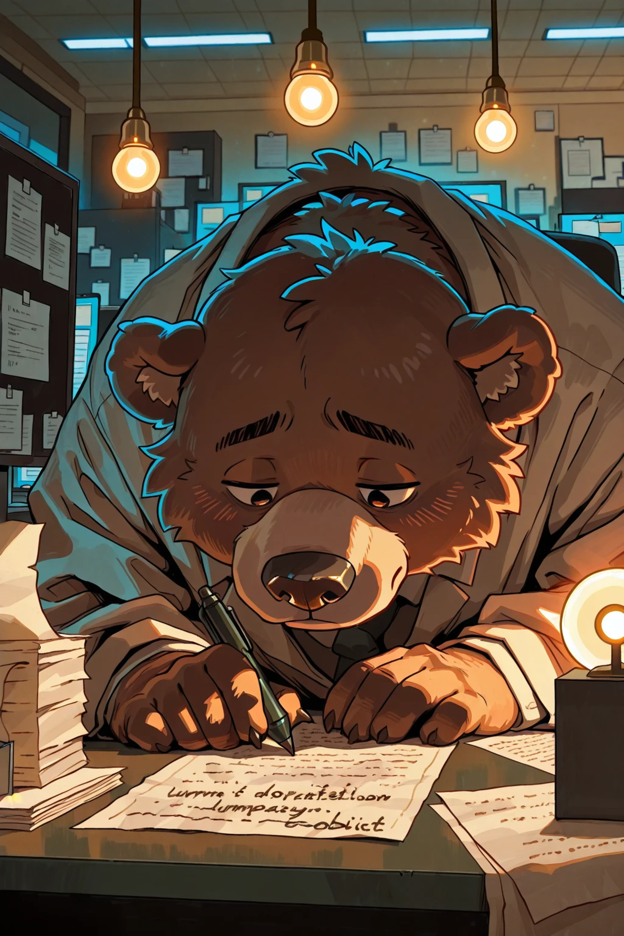 huge employee bear, hunched over in tiny cubicle, writing cautiously, messy cubicle, warm light bulbs, taciturn human, concentrated expression, soft ambient lighting, minimalist office, scattered paper, documentary photography style