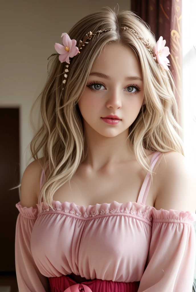 point 9 up, Ultrarrealisic, 8K, young woman 18 years from Russia, round face looking innocent like an angel, extremely pale skin, big round eyes light blue, big pink lips, pink cheeks, fringe white long wavy hair, white brows, soft light, in a room, with cute white lace dress at a garden