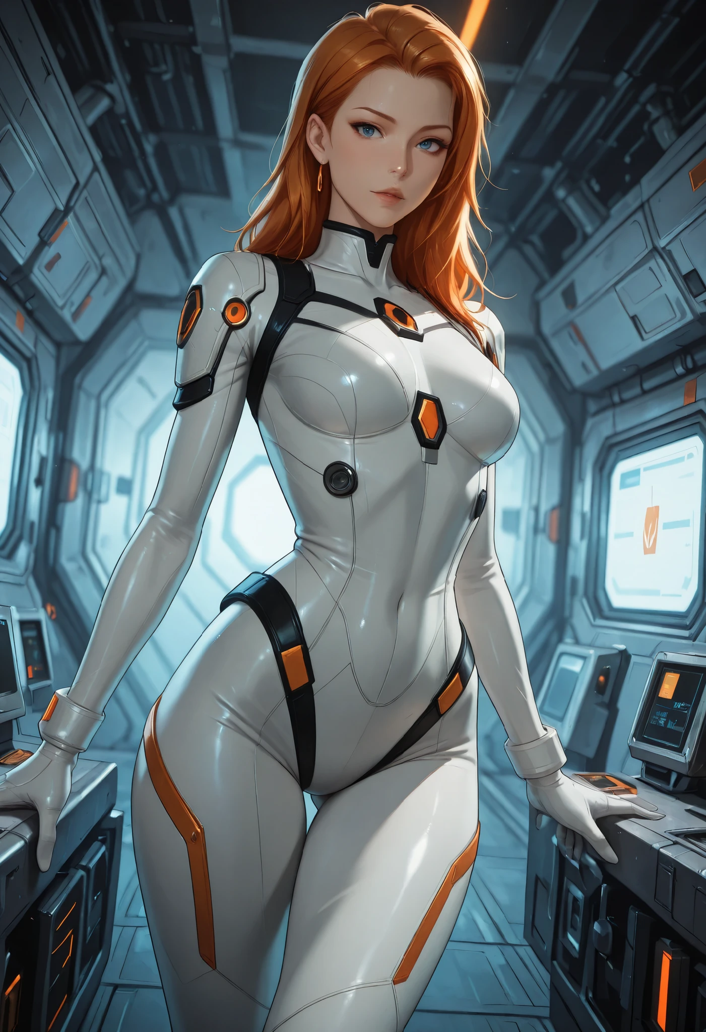 high resolution images, masterpiece, Highest Quality, amazing quality, official art, Highly detailed, Wallpaper, 1 girl, blue eyes, slender, wide hips, (slim thighs), A very attractive and slim woman wearing a tight spacesuit walks through the corridors of an abandoned and decaying space station in a futuristic world. dynamic angle, ((orange accent lines)), black accent lines, side view, looking at viewer,  