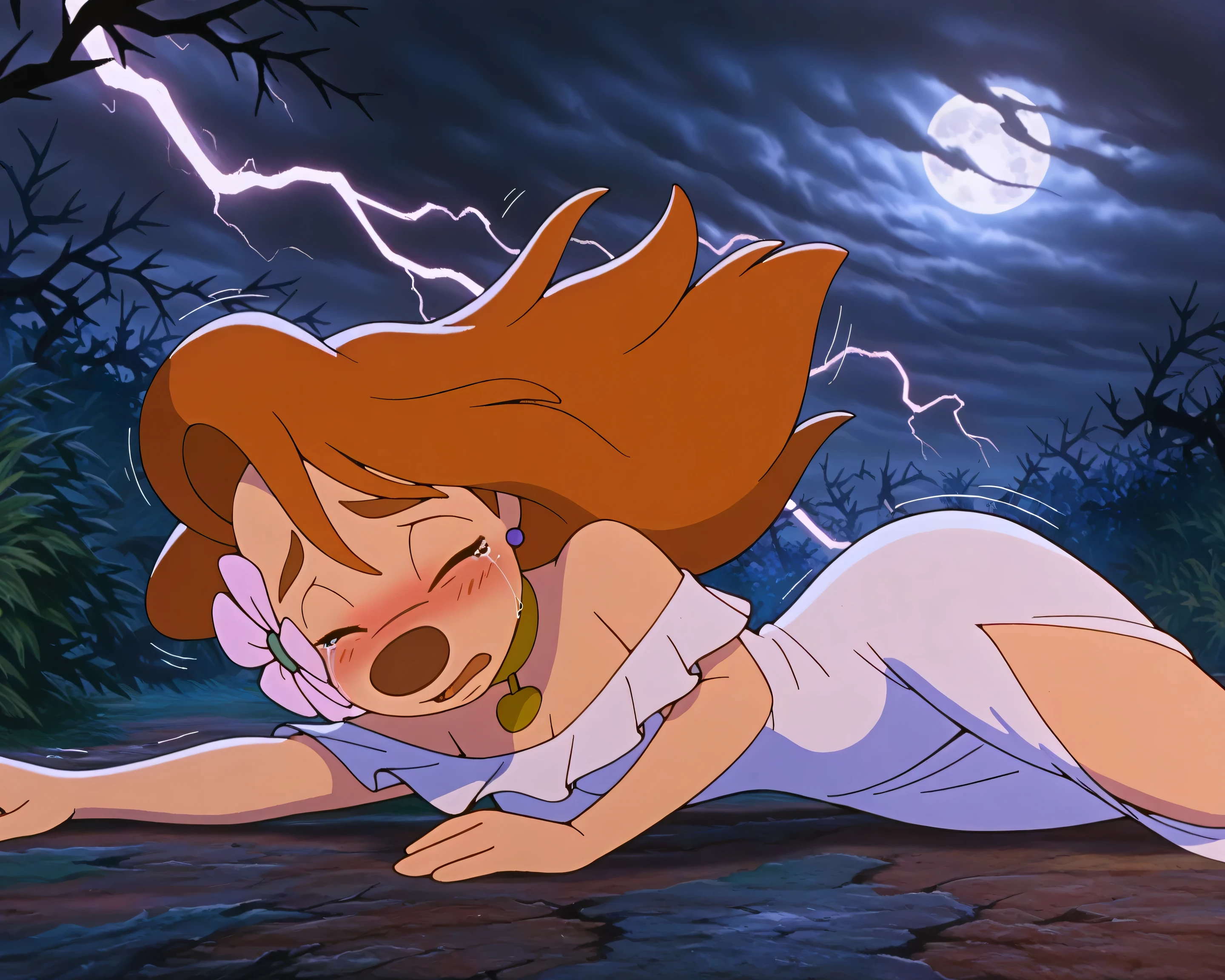 1girl, roxanne, furry female, white dress, outdoors, nighttime, lightning, dark clouds, full moon, thorn bush, dead trees, scary atmosphere, woods, lying on ground, hair flower, gold choker, lying on side, shy, fear, scared expression, sad, tears, blushing, eyes closed, crying, shivering, wind, ,(masterpiece,best quality,newest,absurdres,highres)