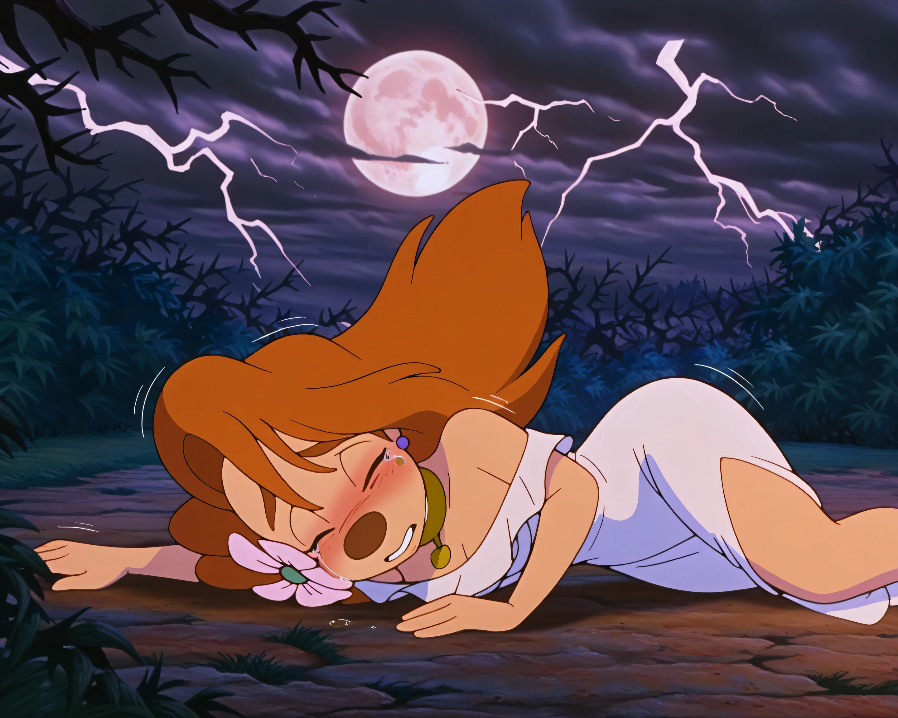 1girl, roxanne, furry female, white dress, outdoors, nighttime, lightning, dark clouds, full moon, thorn bush, dead trees, scary atmosphere, woods, lying on ground, hair flower, gold choker, lying on side, shy, fear, scared expression, sad, tears, blushing, eyes closed, crying, shivering, wind, ,(masterpiece,best quality,newest,absurdres,highres)