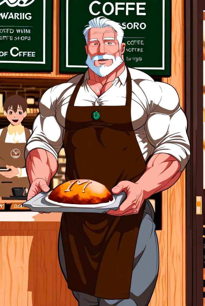 (best quality,4k,8k,highres,masterpiece:1.2),ultra-detailed,(realistic,photorealistic,photo-realistic:1.37),huge muscular old man working as cashier,old,white beard,short hair,detailed wrinkled skin,imposing presence,strong arms,serious expression,friendly smile,professional attire,brightly lit store,modern cash register,shelves full of products,colorful packaging lines the walls,crisp and clean uniform,well-maintained counter,organized display of fruits and vegetables,customers waiting in line patiently,he assists them with efficiency and kindness,well-stocked shelves with a variety of products,neatly arranged shopping baskets and carts,large windows showcase a bustling street outside,vivid colors,pop art style,soft warm color tone,ample natural light,clean and bright environment