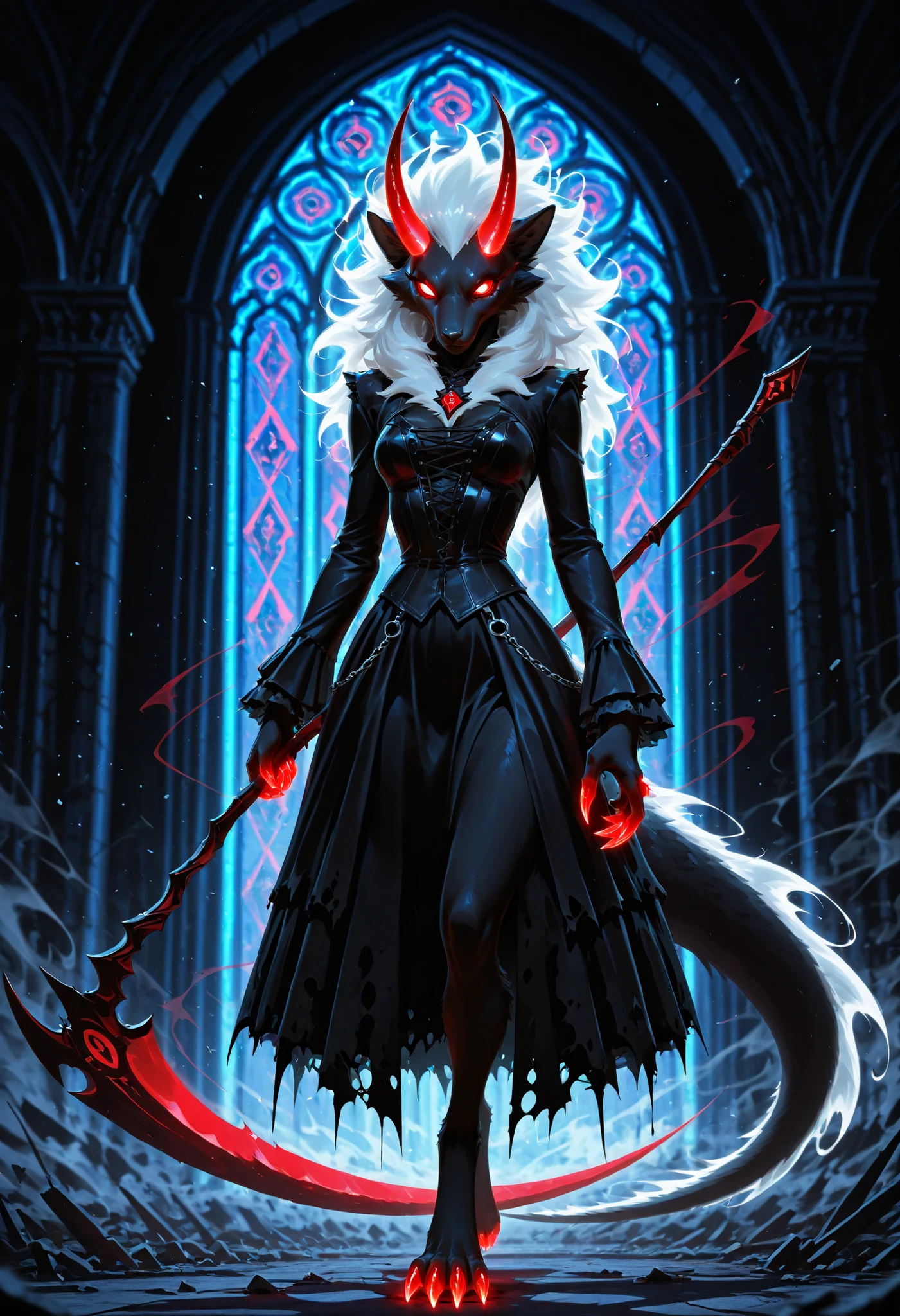 sharrax, ((((anthro)))), ((female)), straight glowing horns,red glowing claws, pitch black body fur, luminous white mane, luminous white-black tail,abstract painting, jet black background , ultra-detailed, high detail, best quality, masterpiece, sharp focus, detailed shadows, vivid colors, (detailed eyes:1.2), (sharp eyes:1.1), wielding a giant ghostly scythe made of shadow energy, swirling mist and black feathers around her, gothic outfit with sharp magical patterns, standing in an abandoned cathedral with broken stained glass, moonlight shining through dust-filled air, high contrast shadows, full body, cinematic depth of field, theme “The Last Heir of… Phantom Scythe”