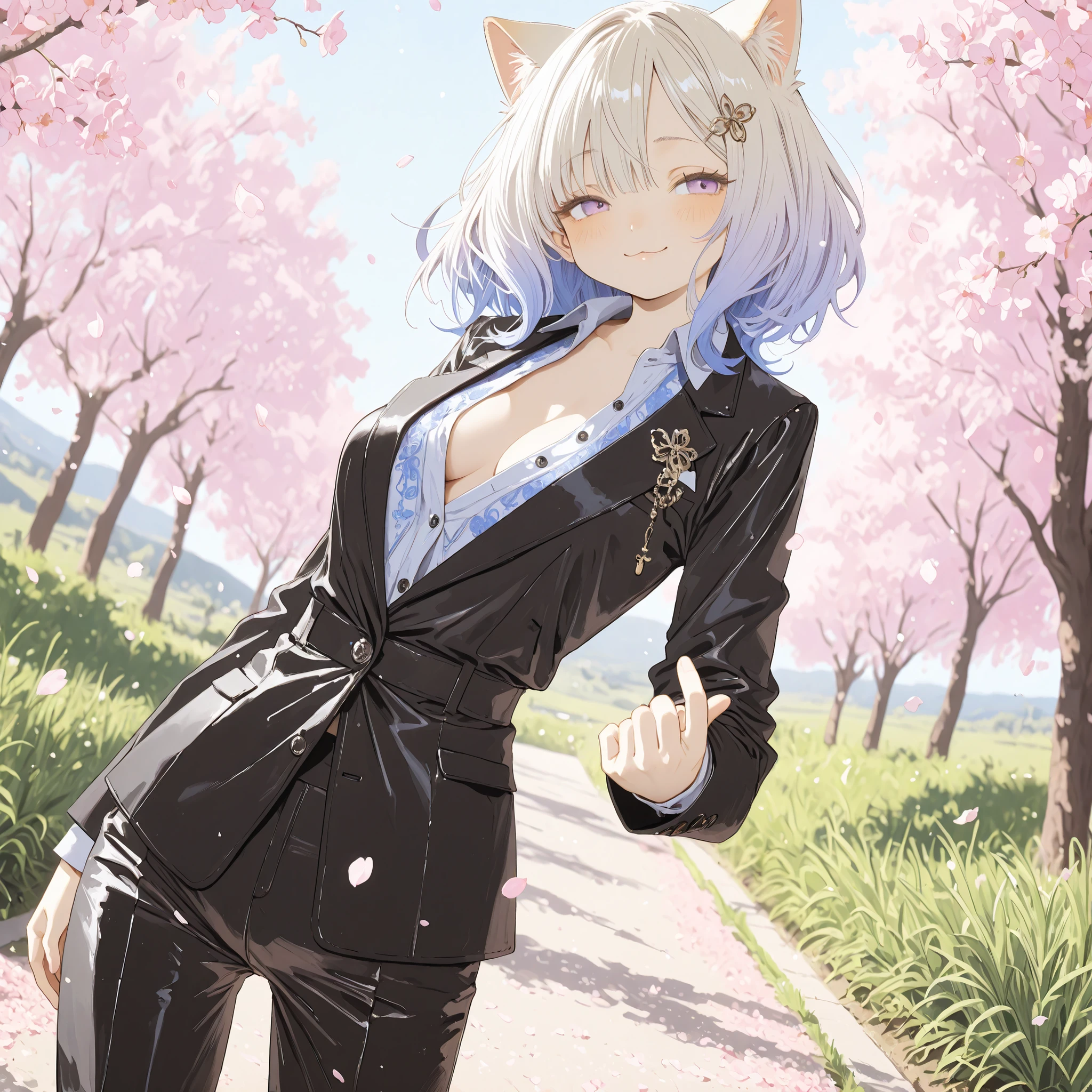 ((Abara Heiki style)), ((Masterpiece)), ((best quality, amazing quality)), ((very aesthetic, absurdres, newest)), ((detailed background, negative space, blurry background, depth of field, Asymmetrical background)), (dynamic angle, wide shot), (Cinematic lighting), ((1girl, solo)), cute young Girl, (Healthy Gaunt body, Textured skin, medium , tilt head), (pale purple eyes, gradient eyes, averting eyes, looking at side), platinum-gold hair, (long parted bangs, cute forehead, long side bangs), gradient hair, blue color Hair Tip, (medium hair), ( smile), open mouth, :3, blush, (cute cheeks), glossy lips, pouty lips, (lower eyelashes), fuzzy cat ears, BREAK, ((Black Luxury suit, inner loose collared shirt, buttoned shirt, embroidery tie)), slightly exposed cleavage, (black suit pants), Luxury leather shoes, (beckoning), (loose standing on the grassy hills, high elevation hills), rural america townscape, outdoor, sunnyday, bushes, wind blows, teasing pose, cherry blossom petals floating, (gusts blowing),
