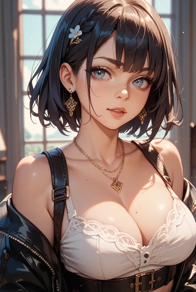 20 years girl、(​masterpiece:1.4)、(in 8K、realisitic、Raw photo、top-quality:1.4)、(Real Face:1.4)、(real looking skin:1.3)、超A high resolution、A hyper-realistic、Brown eyes、high detailing、black hair shorthair、Ruffled clothing、(huge-breasted:1.5)、Blushing、cafes、the setting sun、Sit up、black tea