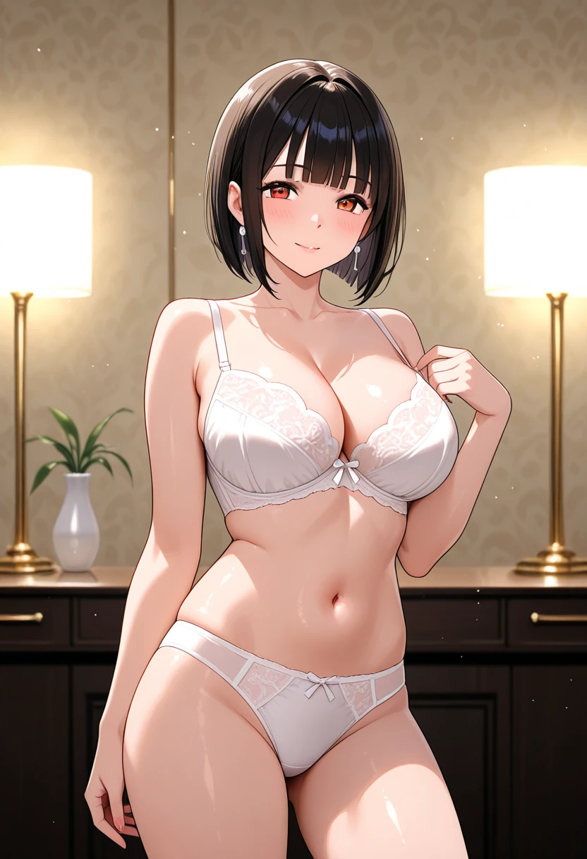 highest quality, (masterpiece:1.2), 
alone,open your mouth、 smile,A 40-year-old Japanese woman with black hair、very short hair、Mother、((part your bangs in the middle、long bangs、I can see the forehead, perm hair))、(????????????)、long ?????
(white ?????????)
Are standing, looking at the viewer,I can see the whole body、from the front