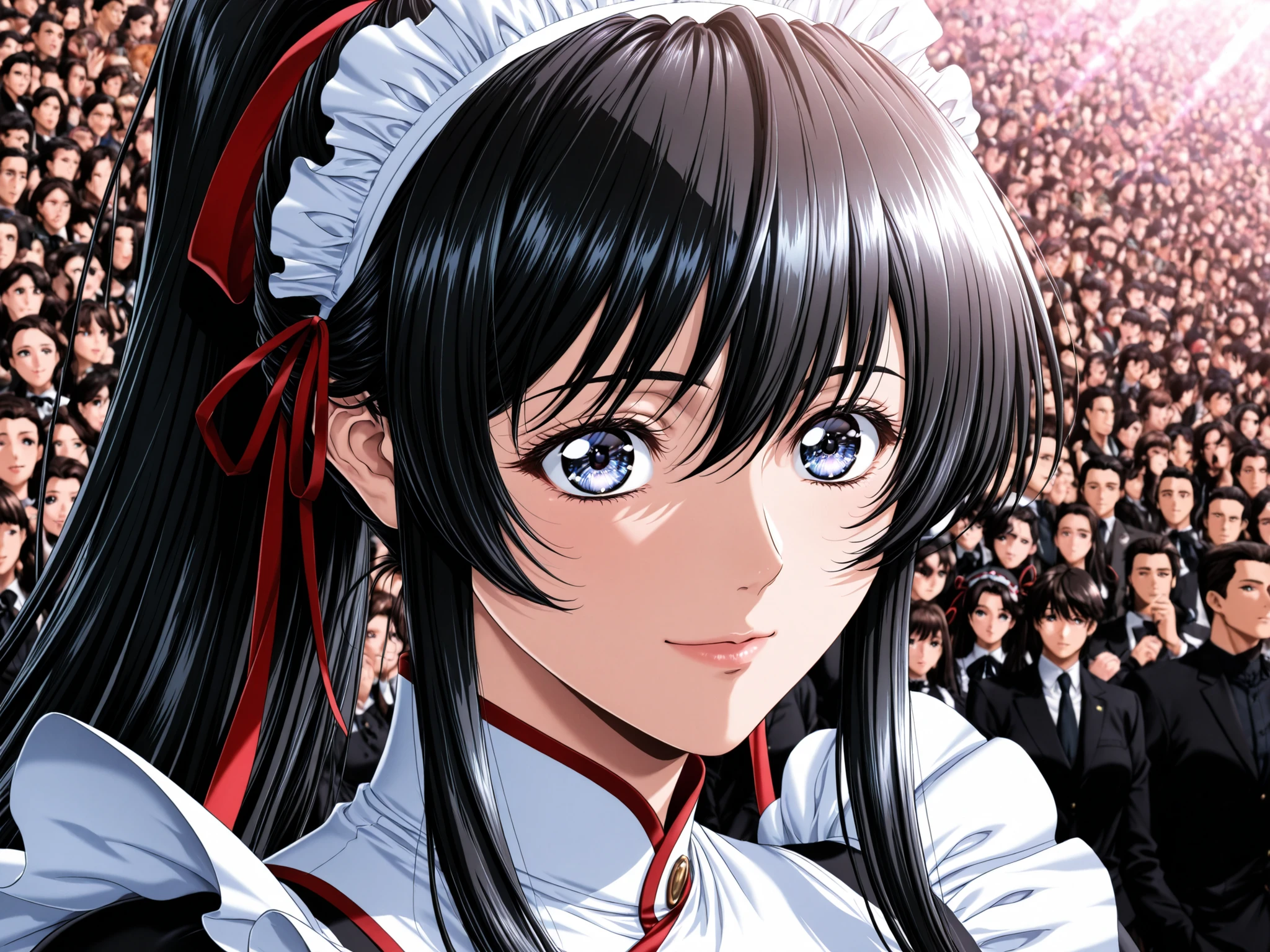(Yokota Mamoru style),masterpiece, top quality, Newest, High Resolution, 1 girl,(Staring at the Audience),Charming Smiles,(portrait :1.4),(black hair, high ponytail, hair ribbon, red ribbon, Pink Japanese Style Maid Outfit､maid headband）､luxury garden