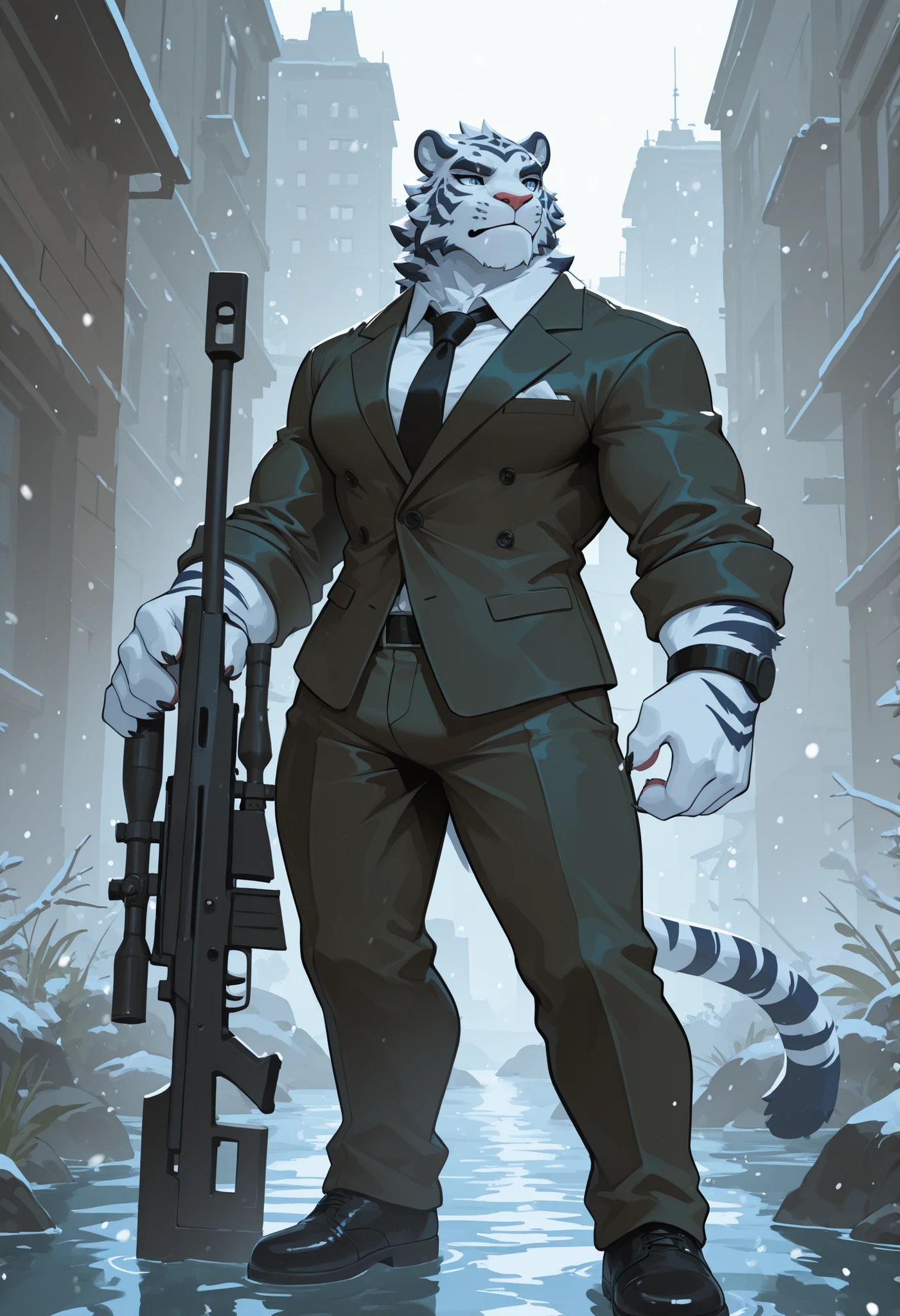 whitetiger,beastman,muscular, Wearing a suit, sniper rifle,Beautiful face