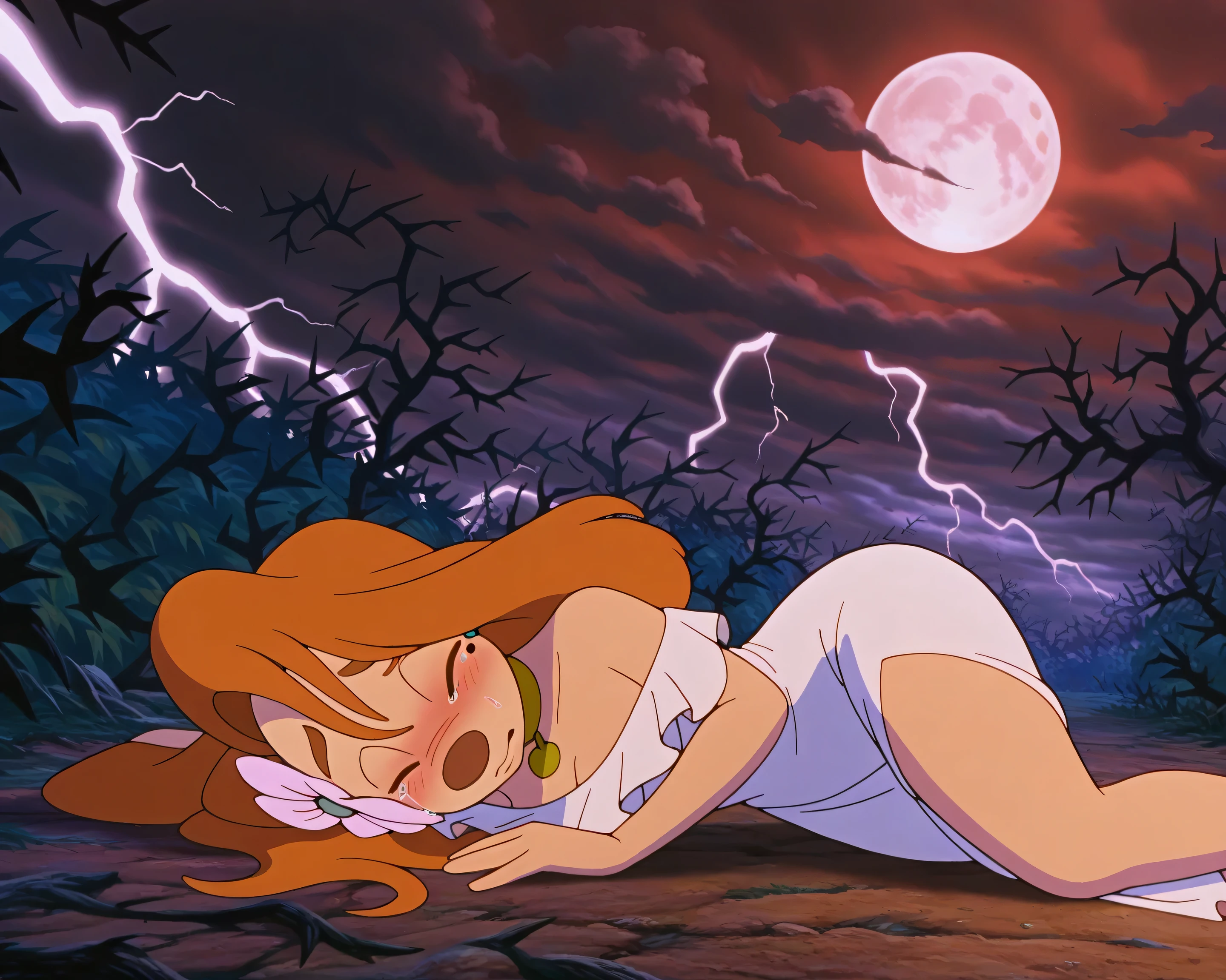 1girl, roxanne, furry female, white dress, outdoors, nighttime, lightning, dark clouds, full moon, dead thorn bush, big thorns, dead trees, scary atmosphere, woods, lying on ground, hair flower, gold choker, lying on side, shy, fear, scared expression, sad, tears, blushing, eyes closed, crying, shivering, (masterpiece,best quality,newest,absurdres,highres)