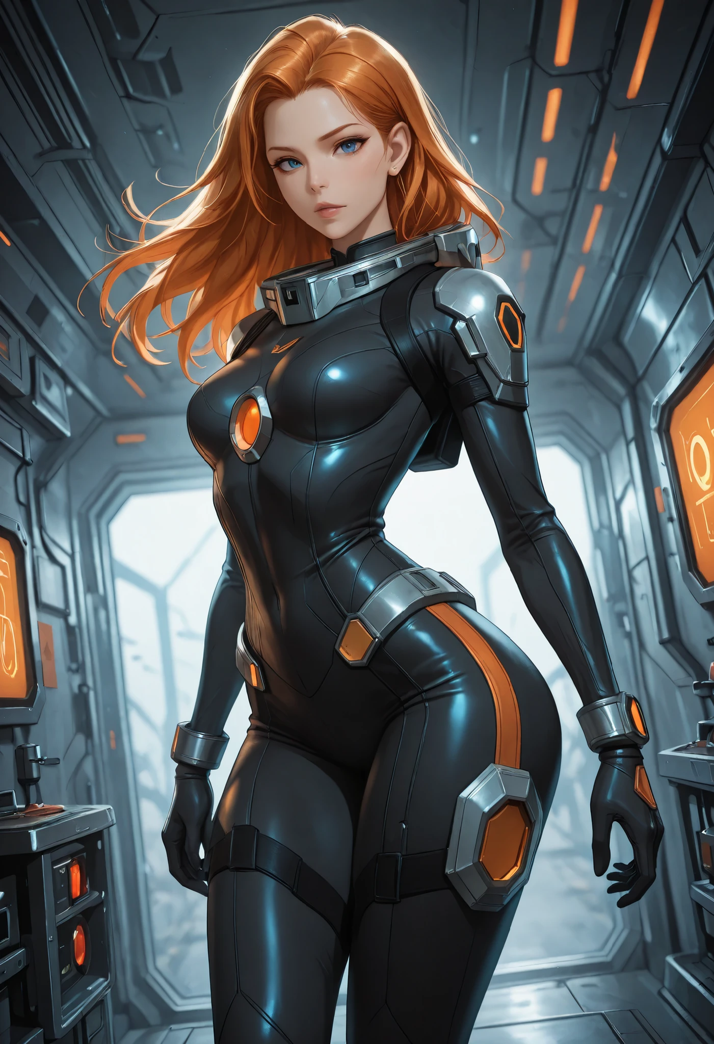 high resolution images, masterpiece, Highest Quality, amazing quality, official art, Highly detailed, Wallpaper, 1 girl, blue eyes, big eyes, slender, wide hips, (slim thighs), A very attractive and slim woman wearing a tight spacesuit walks through the corridors of an abandoned and decaying space station in a futuristic world. dynamic angle, ((orange accent lines)), black accent lines, side view, looking at viewer,