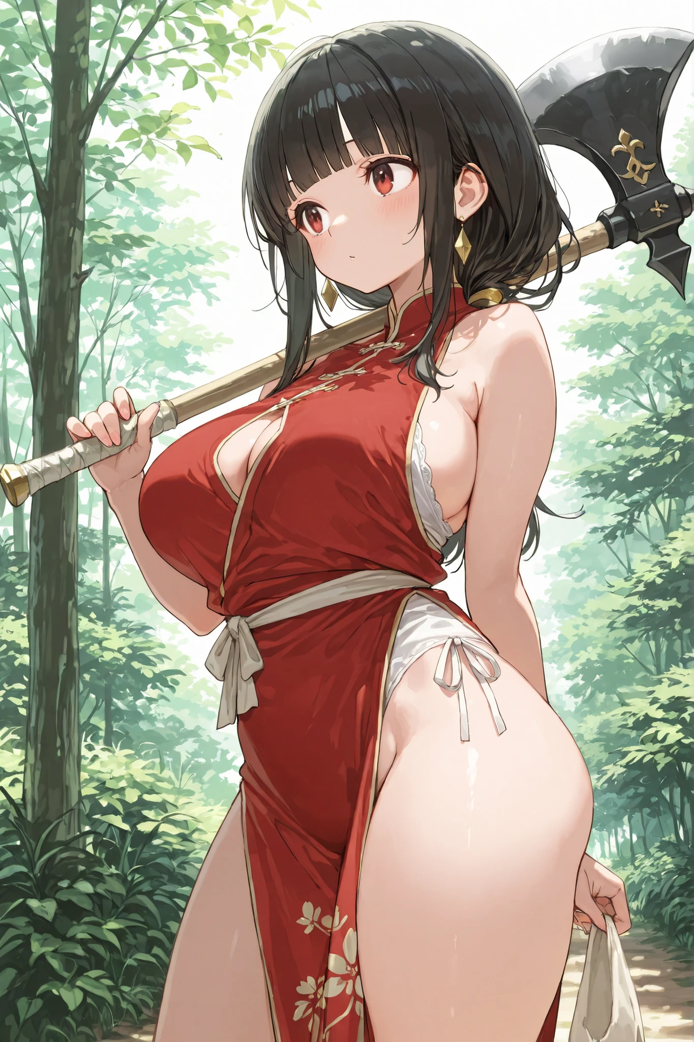 cute, tallの女性、(solo),solo,mature woman,tall、charming thighs、masterpiece, Newest, vivid, cute, (masterpiece, details:1.2) masterpiece, 8k, top quality, detail, high resolution, digital painting, ultra detail、solo,mature woman,tall、charming thighs、masterpiece, Newest, vivid, cute, (masterpiece, details:1.2) masterpiece, 8k, top quality, detail, high resolution, digital painting, ultra detail、日本昔話のgold太郎の女版、dark haired、Boob Head、blunt bangs、and its body is hidden by a bright red diamond-shaped cloth:1.5、The body is hidden by a bright red diamond-shaped cloth with Chinese characters in the center of the red cloth"gold"letters、carrying a huge axe on the shoulder、((It's riding on the back of a big bear:1.2))、fantasy forest:1.2