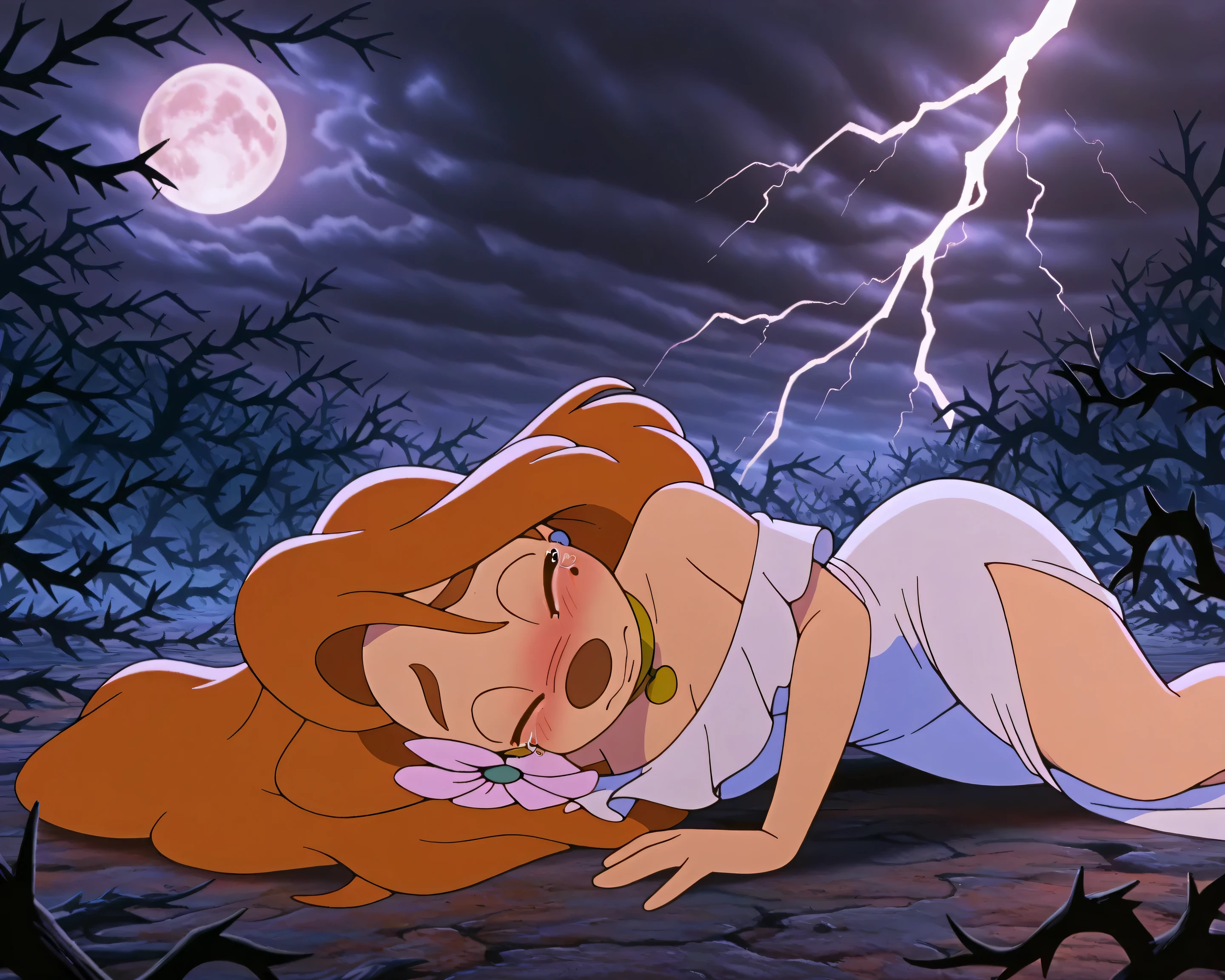 1girl, roxanne, furry female, white dress, outdoors, nighttime, lightning, dark clouds, full moon, dead branches, big thorns, dead trees, scary atmosphere, woods, lying on ground, hair flower, gold choker, lying on side, shy, fear, scared expression, sad, tears, blushing, eyes closed, crying, shivering, (masterpiece,best quality,newest,absurdres,highres)