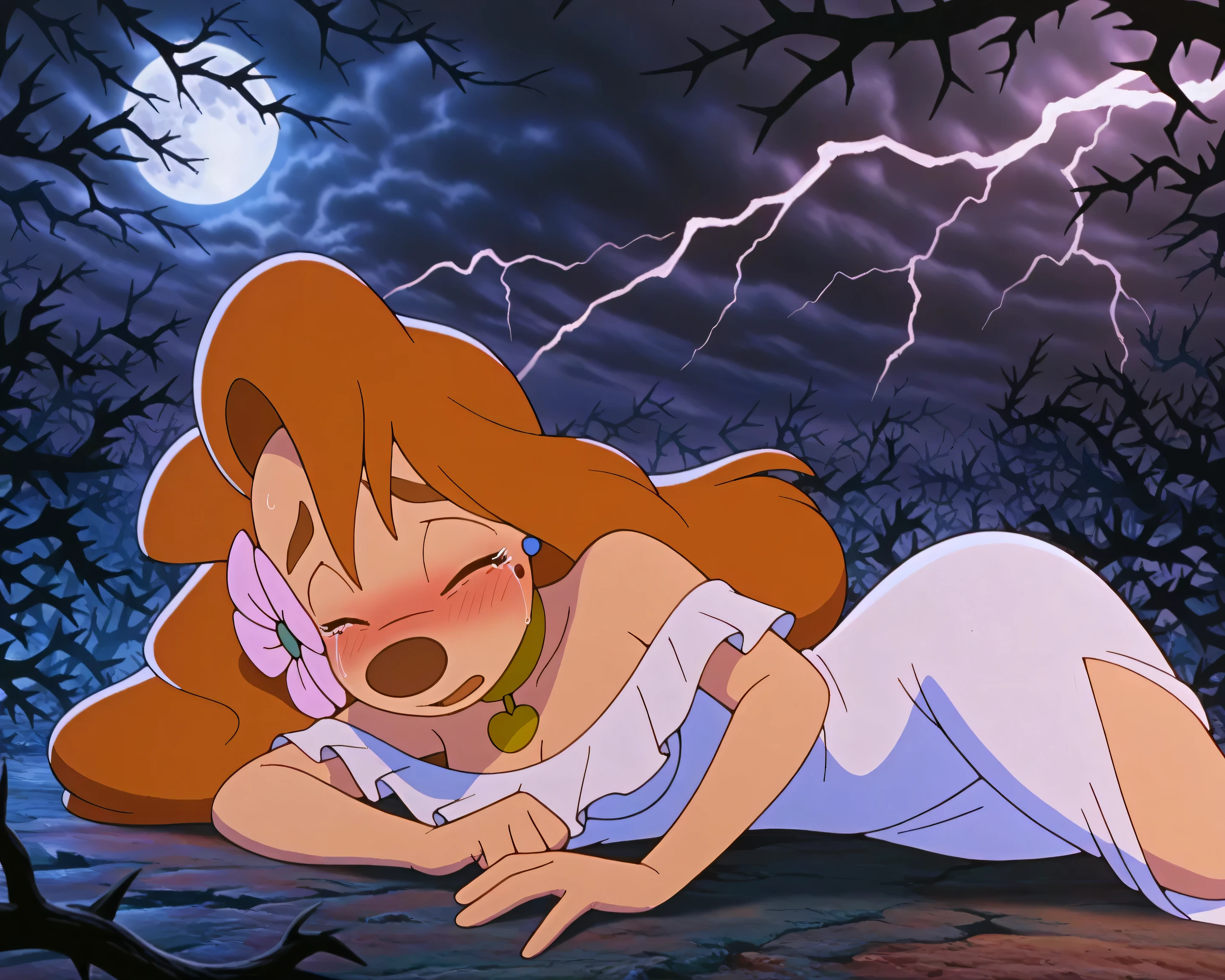 1girl, roxanne, furry female, white dress, outdoors, nighttime, lightning, dark clouds, full moon, dead branches, big thorns, dead trees, scary atmosphere, woods, lying on ground, hair flower, gold choker, lying on side, shy, fear, scared expression, sad, tears, blushing, eyes closed, crying, shivering, (masterpiece,best quality,newest,absurdres,highres)