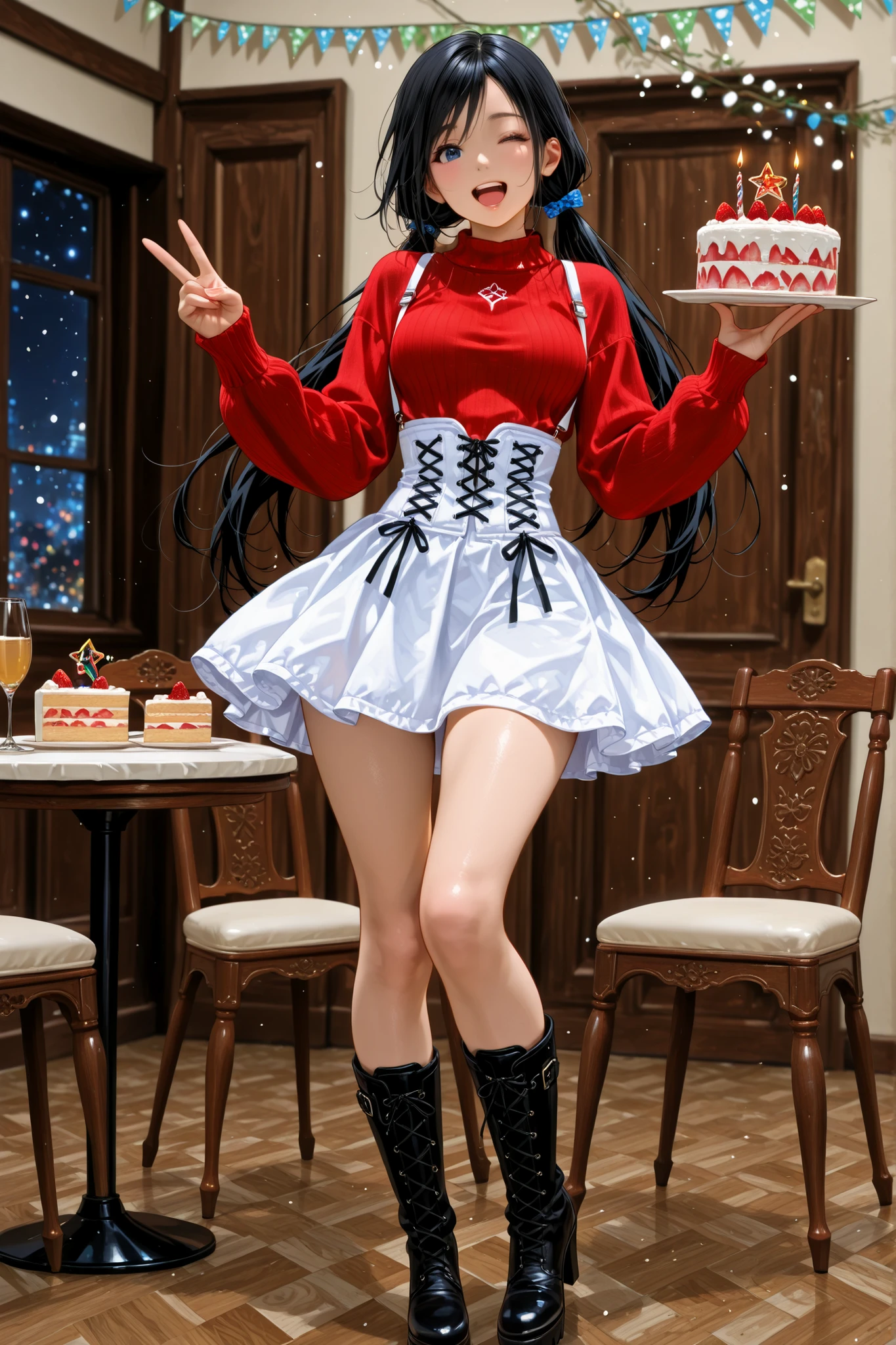 , ,perfect anatomy,masterpiece, Highest Quality, very aesthetic, Ridiculous, (Pyromyz (artist):0.4),,,1girl,kokoro, black hair, long hair, big breast,bouncing breasts,,,,,, kokoro_doa, beautiful blue eyes,,beautiful black hair, long hair, low twintails, Very beautiful thighs ,very Beautiful legs, ,,,,,,,,,,,,,,,,,,white dress corset, plain patternless red sweater,long sleeved sweater, white suspenders,,,white knee-length skirt,boots,high heels,,,,,,holding a birthday cake,happy,,,,,,open mouth,,,close one eye,,wink,,, ,,,sitting in a chair, making peace signs with hands,,,,,tricorn hat,,, Restaurant, ,,,,,,birthday cake on the table, present, party garland,,,,...,,,,