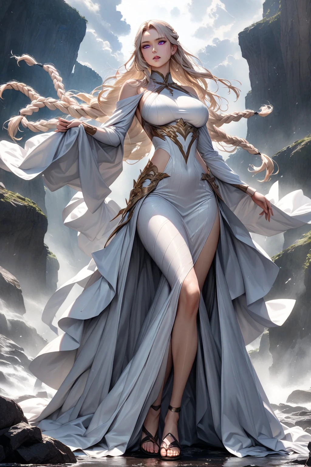 Hyper-realistic full-body portrait of Hibana from Fire Force, standing gracefully. She has long, wavy, pure white hair, flawless tan skin, and piercing blue eyes. She wears a flowing white dress with a high side slit revealing her leg, a dark hooded cloak with light blue reflective stripes and fur trimming, and black high-heeled shoes. A stylish brown leather belt wraps around her waist, slightly cinching the dress. She elegantly holds a black and red folding fan, from which ethereal pink fire petals float around her. Her jewelry includes a thin gold necklace and subtle golden earrings.
Focus on detailed fabric textures: soft cloth for the dress, heavy dark textured fabric with fur for the cloak, shiny leather texture for the heels. Background: subtle smoky ambience with floating pink flames, soft cinematic warm lighting.
Emphasis on full-body proportions, ultra-detailed realistic clothing folds, realistic fire particles, detailed hair strands, lifelike skin, fine jewelry reflections, cinematic composition. 8K resolution, ultra-detailed, hyper-realistic, vivid and dynamic, fantasy realism style