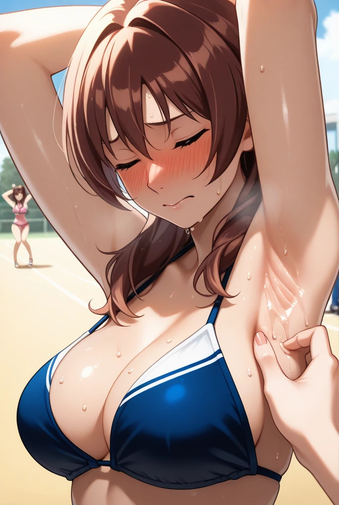 、(masterpiece、Highest quality)、Highest quality, Ultra-high resolution, (((masterpiece))), alone, Sweat、Big eyes, Composition from the front、Shortcuts、Embarrassed face、Bronze colored hair、Cut your hair short、Ocean、beach、Black 、belly button、short hair、(Bronze colored hair)