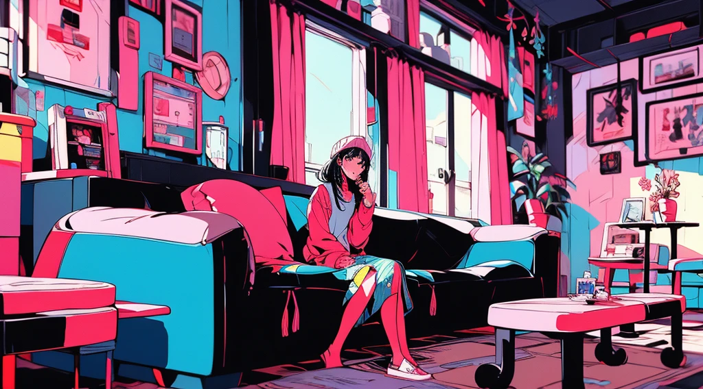 a young girl is in a room with some bright lights and colorful stuff on the walls, girl sitting on the ground, touching her stomach and her breasts, a collection of sketches of several women sitting and standing in front of each other with a woman, two pages show a woman in  lying on her bed next to another girl wearing a thongy 