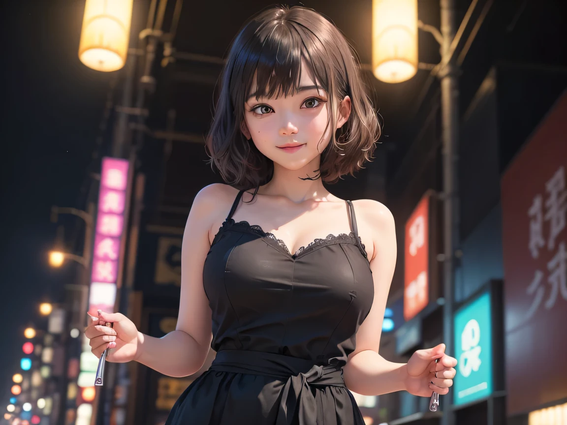 Masterpiece, 1 Beautiful Girl, Detailed Eyes, Swollen Eyes, Best Quality, Ultra High Resolution, (Reality: 1.4), Original Photo, 1Girl, Cinematic Lighting, Smiling, Japanese, Asian Beauty, Korean, Clean, Super Beautiful, Beautiful Skin, Slender, Cyberpunk Background, (Ultra Realistic ), (high resolution), (8K), (very detailed), (best illustration), (beautifully detailed eyes), (super detailed), (wallpaper), (detailed face), viewer looking, fine details, detailed face, pureerosfaceace_v1, smiling, 46 point slanted bangs, looking straight ahead, neat clothes, dark colored eyes, sleeveless, body facing front, short hair, brown hair,