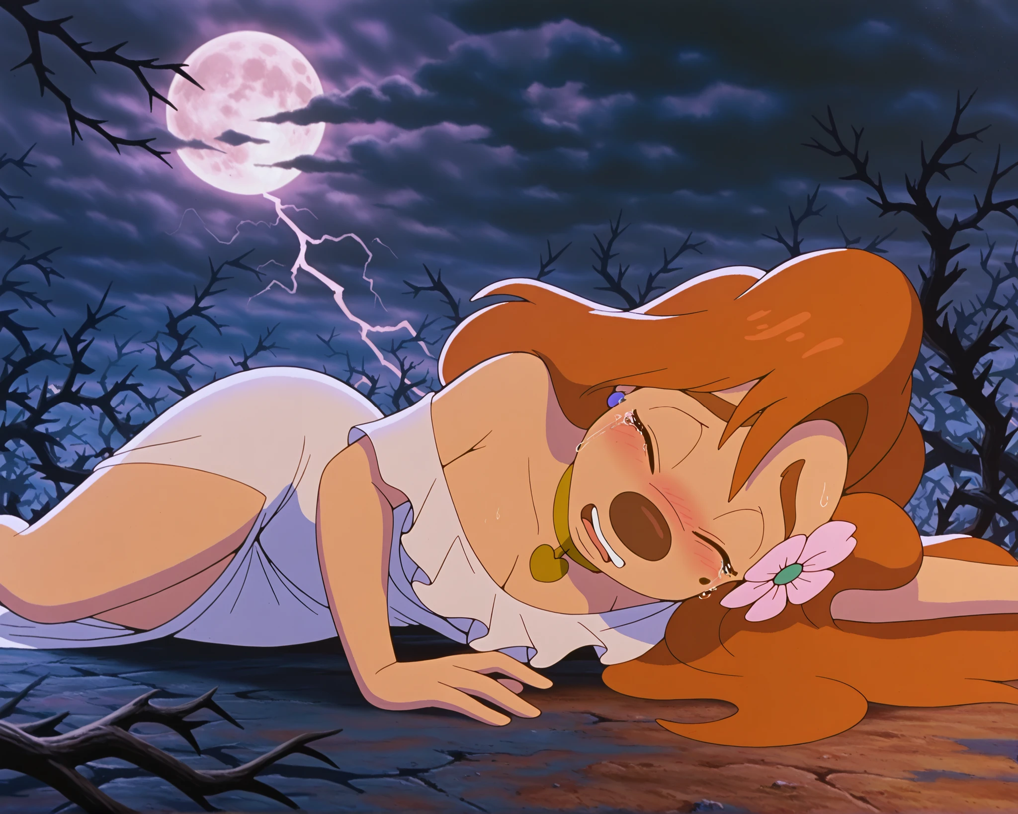 1girl, roxanne, furry female, white dress, outdoors, nighttime, lightning, dark clouds, full moon, dead branches, big thorns, dead trees, scary atmosphere, woods, lying on ground, hair flower, gold choker, lying on side, shy, fear, scared expression, sad, tears, blushing, eyes closed, crying, shivering, (masterpiece,best quality,newest,absurdres,highres)