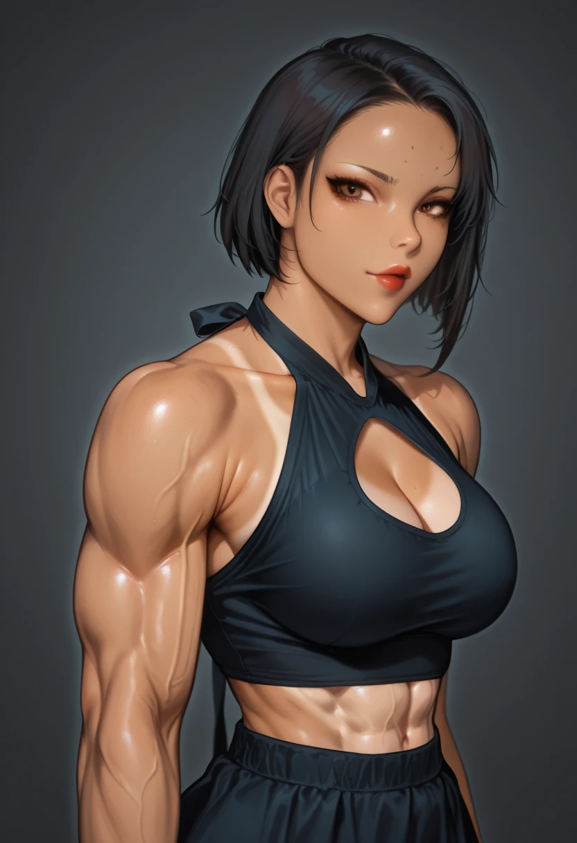 (((((real face))))), perfect face, 1girl, masterpiece, best quality, uhd, highres, extremely detailed 8K wallpaper, 4k, looking at viewer, long ponytail hair, black hair, very big breast, form breast round, navel, (((((body extreme muscle))))), detailed body, bikini,