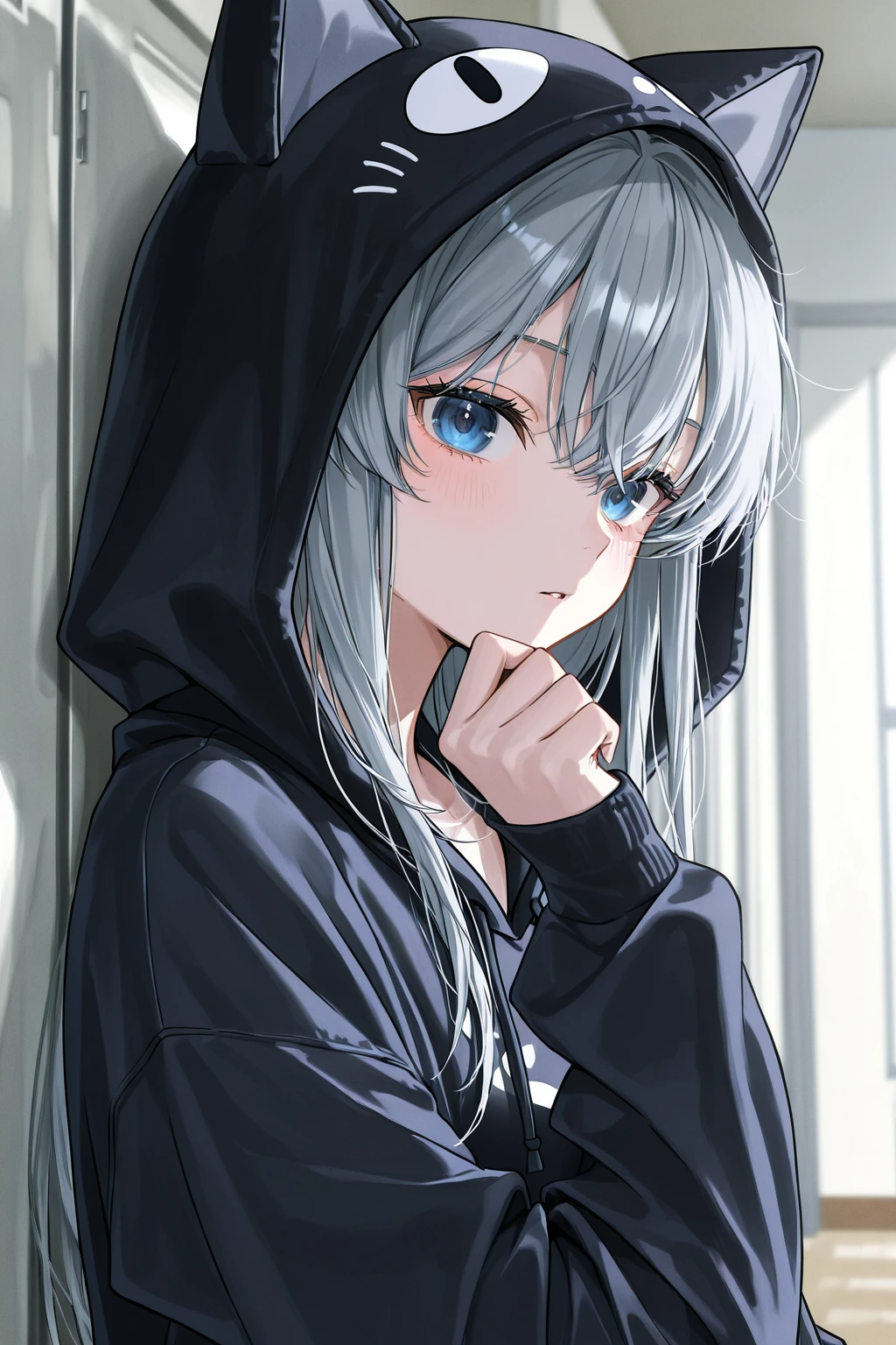 catgirl, 1gir, cat ears, ((cute)), masterpiece, best quality, perfect face, hoodie, hood, looking up, high angle, smal, furr, cozy, warm, window, night, long hoodie, no_pants, 4k, wallpaper, close up, digital art, anime style, beautiful eyes, intimate