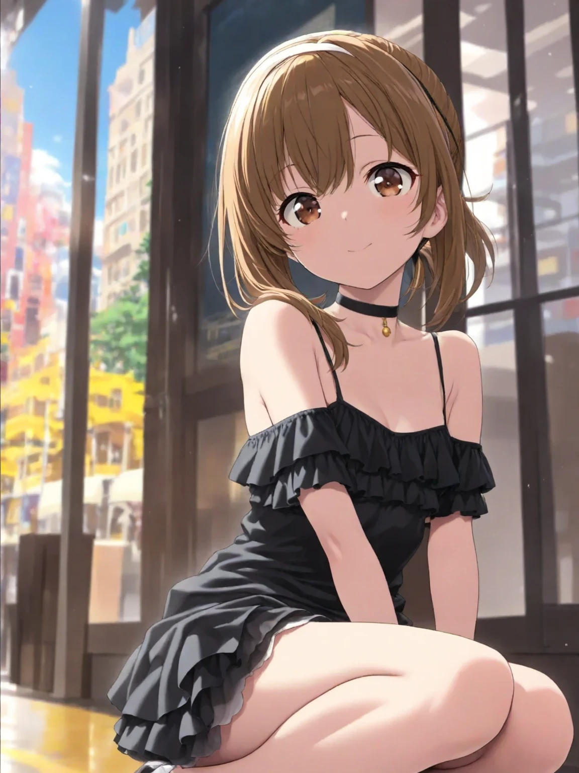 (masterpiece:1.3, top-quality, ultra high res, ultra detailed), (realistic, photorealistic:1.4), beautiful illustration, perfect lighting, natural lighting, colorful, depth of fields, surrealism,
beautiful detailed hair, beautiful detailed face, beautiful detailed eyes, beautiful clavicle, beautiful body, beautiful chest, beautiful thigh, beautiful legs, beautiful fingers, 
looking at viewer, 1 girl, japanese, high school girl, (perfect , anatomically correct), cute and symmetrical face, babyface, perfect face, perfect eyes, shiny skin, 
(middle hair:1.8, side ponytail:1.1, marron hair), hair between eyes, (gold eyes), slant eyes, long eye lasher, (large breasts:0.8,  thighs), 
((long sleeve off-shoulder light yellow sweater, black halterneck camisole, black pleated ), yellow hair chouchou), 
(beautiful scenery), summer, evening, (downtown), extremely sexy, (lovely smile, upper eyes),