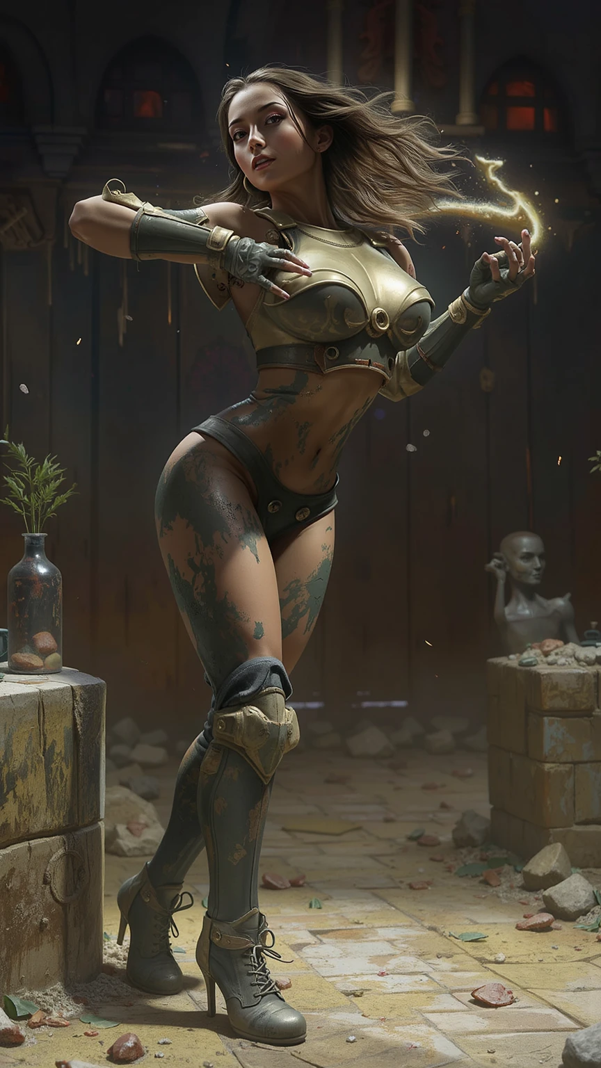  yellow bikini, hands on waist, navel,  smirking smiling, smile face (red blushed, red cheeks), metal shoulders, gold sleeveless armbands, black leather choker slave collar, shackle bracelets,  slave red crest, pauldrons, breastplate, corset, eye focus, full body, whole body. 1solo . slave fighter, loincloth standing, hands on hips, metal sandals, backpack, choker, big belt, view from below, feet together, bracers, tiara)