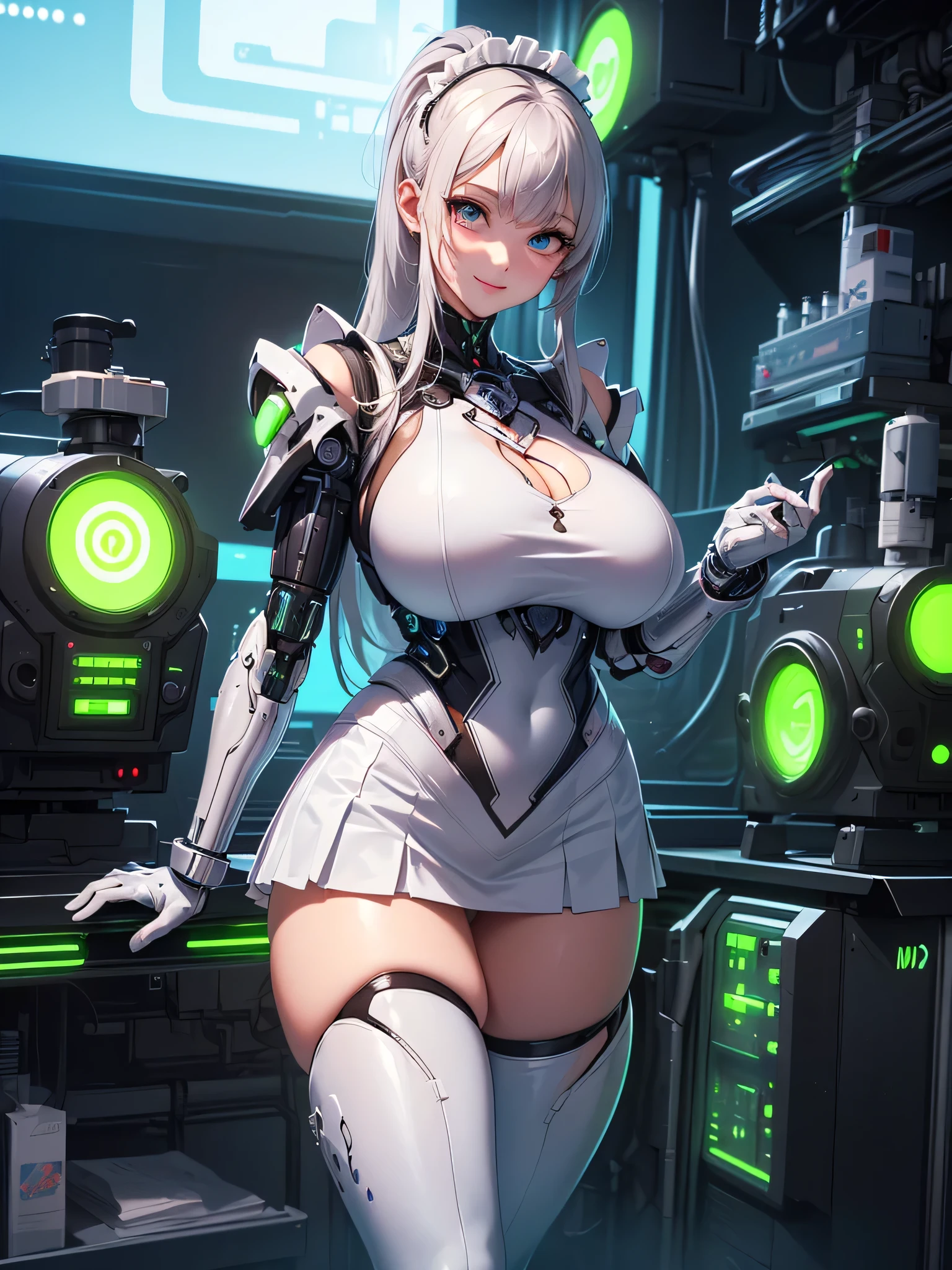 Beautiful Face,Face is Japan, 1 Woman, Big, Curvaceous, (8k, RAW Photo, Best Quality, Masterpiece: 1.2), (HDR, Realistic, Photorealistic: 1.37) (Blood vessel attached to tube), (?????? Cyborg Robot Parts)))), (Light Grey Hair), Long Hair, Wavy Hair, Twin Tails, Medium Shot, ( Seductive smile)), (black eyes), princess cut,from below,(whole body),posing,,inside the lab,( blood vessel connected to a tube),((mechanical vertebrae attached to the back)),((mechanical neck attached to the neck)),(wire cable attached to the head and body),(character focus),science fiction,perfect female figure,perfect ???????,ultraanatomy, Full body shot,