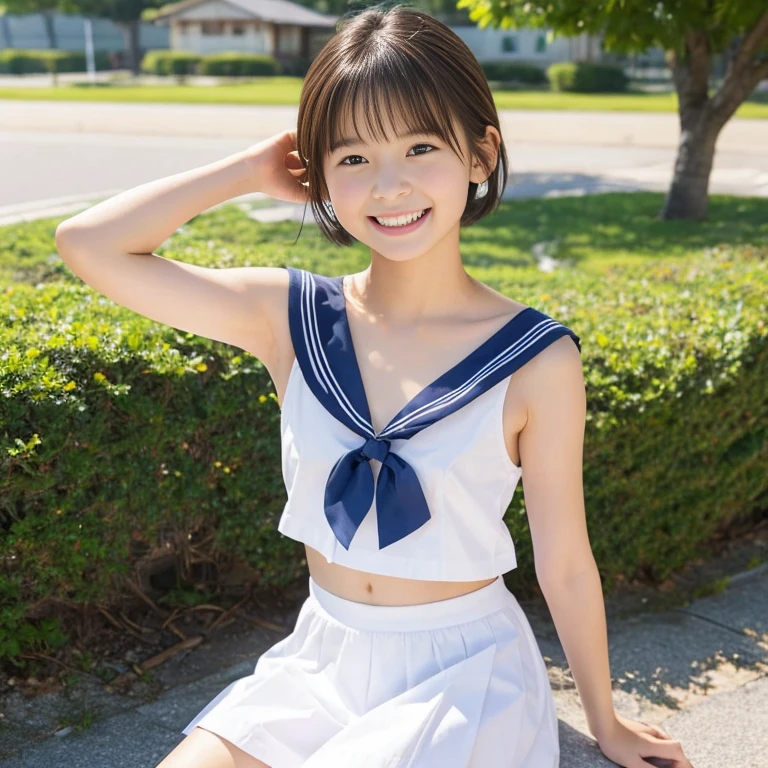 ((((((17 years old))))))、(((A charming face)))、(((Young face)))、(((beautiful girl)))、(((A beautiful woman)))、Beautiful woman、Cute woman、((Innocent face))、((Smile))、((Ultra-detailed face))、((Detailed lips))、((Detailed eyes))、((double eyelid))、(((Beautiful Face)))、(((Beautiful, well-shaped eyes)))、(((Beautiful, well-shaped lips)))、Very Short Hair、ponytail、Pixie cut、BREAK、BREAK、(((Wearing a sailor uniform)))、BREAK、8 heads、(((slender)))、(((Slim body)))、(((Thin body)))、(((Slim woman)))、(Flat Chest:1.5)、BREAK、Photographic quality、Natural light、(フォトRealistic:1.4)、(Highest quality:1.2)、(Ultra-high resolution:1.2)、8K、RAW Photos、Realistic、High Detail、Film Grain、Detail Skin、Symmetrical、Delicate skin、Real human skin、pores、Super detailed、Detailed、(masterpiece : 1.2)、Thin face、Sharp Face、Small Face、Small face、Narrow shoulders、Small shoulders、Small shoulders幅、Slim shoulders、Narrow shoulders幅、Beautiful Japanese Woman、Beautiful Korean Woman、Slim womanモデル、Young Gravure Idol、Realistic young gravure idol、Young Sensual Gravure Idol、Young Pretty Gravure Idol、Japanese Model、Young Gravure Idol、((From the knee up)) 、(arms behind back:1.3)
