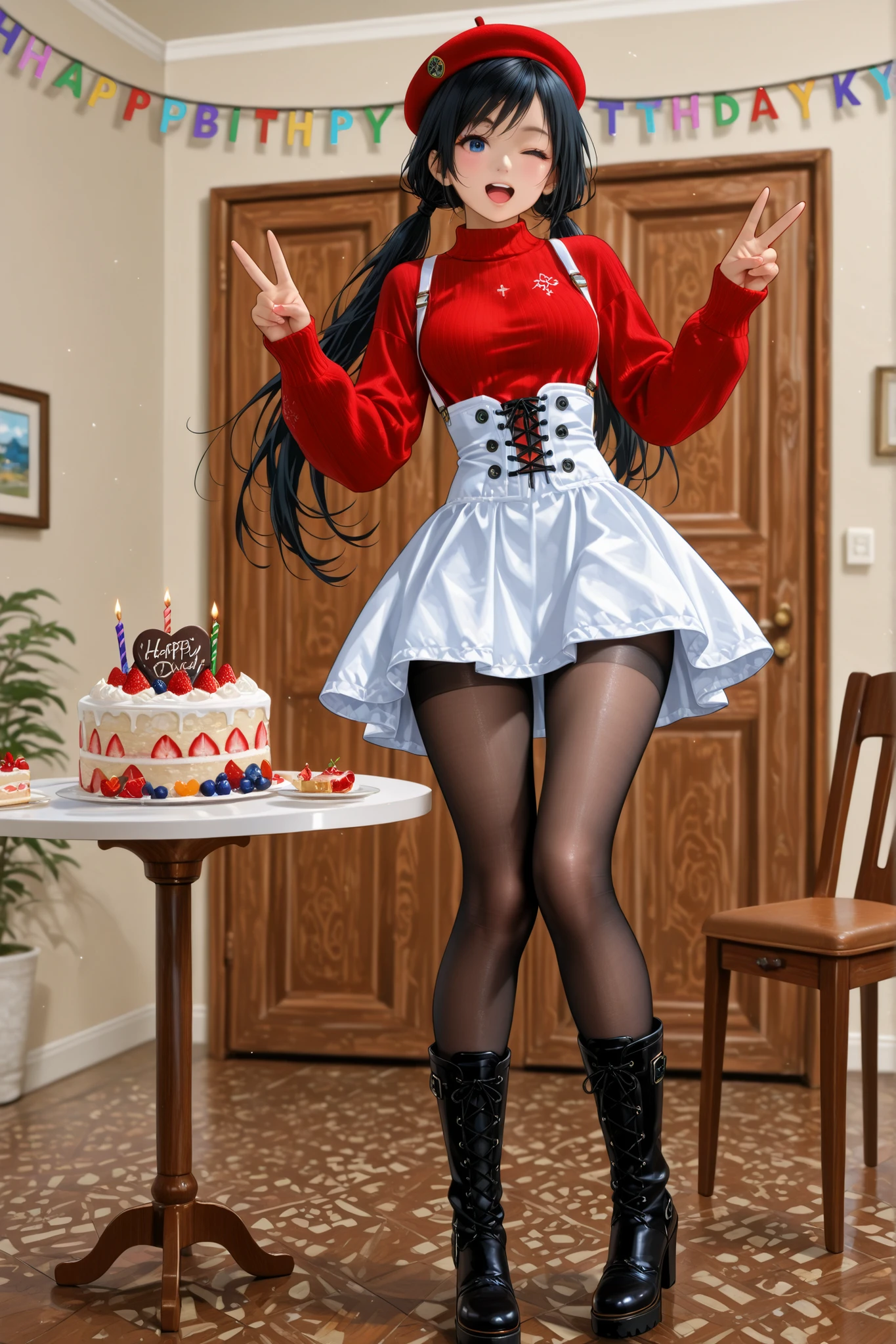 , ,perfect anatomy,masterpiece, Highest Quality, very aesthetic, Ridiculous, (Pyromyz (artist):0.4),,,1girl,kokoro, black hair, long hair, big breast,bouncing breasts,,,,,, kokoro_doa, beautiful blue eyes,,beautiful black hair, long hair, low twintails, Very beautiful thighs ,very Beautiful legs, ,,,,,,,,,,,,,,,,,,white dress corset, plain patternless red sweater,long sleeved sweater, white suspenders,,,white knee-length skirt,boots,high heels,,,pantyhose, red beret ,,,birthday cake on the table,,,,happy,,,,,,open mouth,,,close one eye,,wink,,, ,,,sitting on a chair, making peace signs with hands,,,,,,,, Restaurant, ,,,,,,birthday cake on the table, present, party garland,,,,,,,,