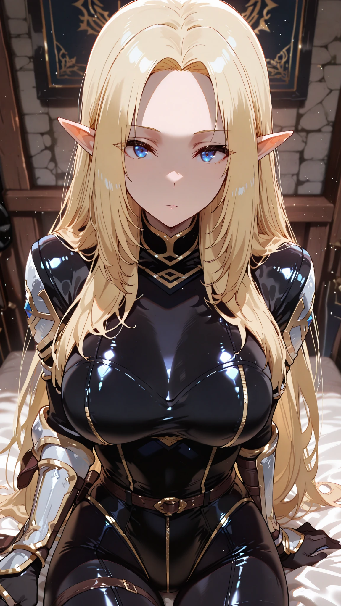 Blonde hair and blue eyes　Long Hair　Elf　Big Breasts　Black bodysuit　erotic　Big Breasts　beauty　cute　highest quality　Scared　Vigilance　Dark Room　get caught　Struggling