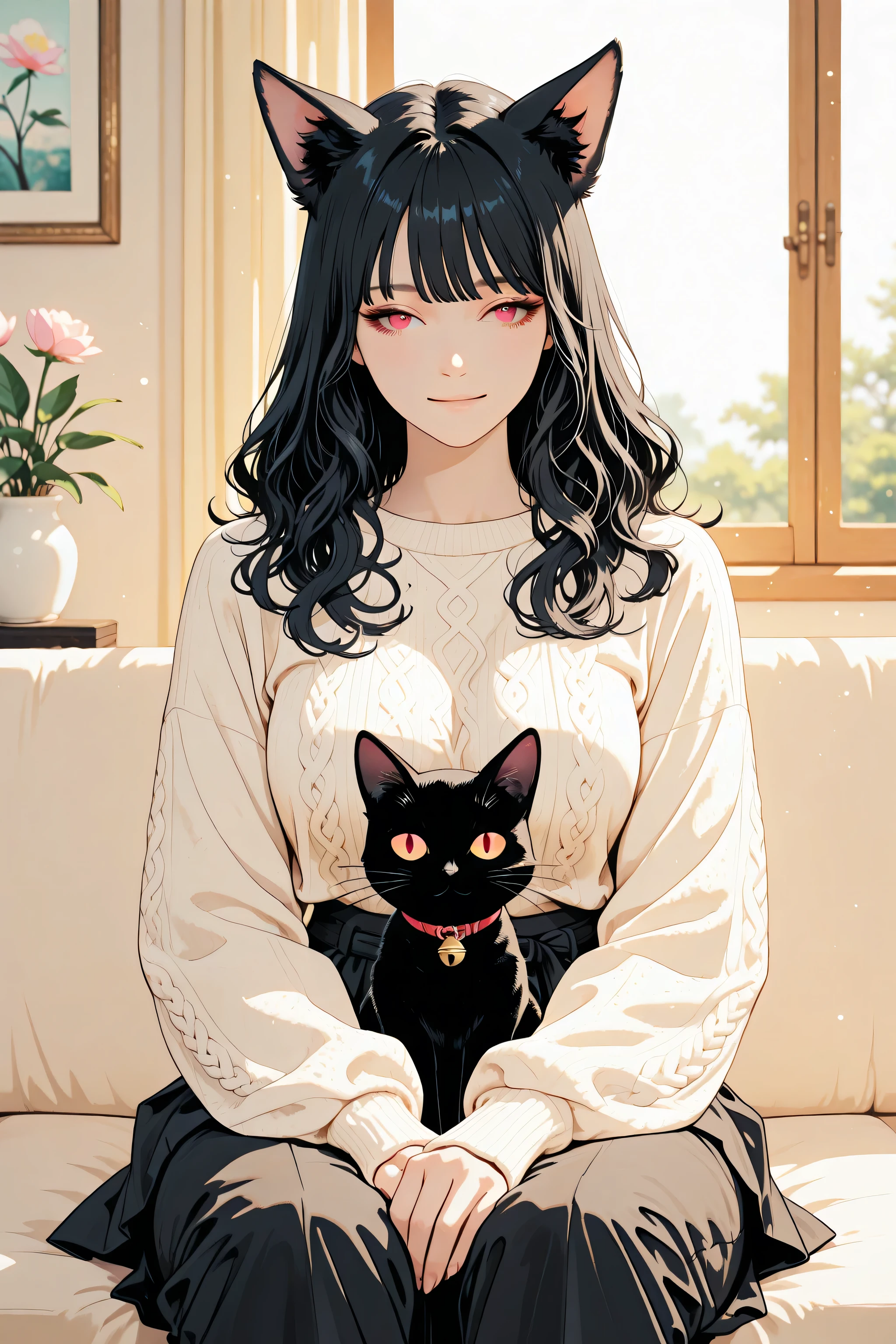 Chibi,(chibi:1.4),cat ears, black hair,red eyes,Female character, anime style, Japanese casual fashion, half-body shot, soft expression, peaceful and serene mood, relaxed posture, comfortable outfit (light sweater, loose pants, or skirt), gentle smile, natural hair (long or medium length, slightly wavy), black cat sitting on her lap or nearby, calm background with soft pastel colors (light blue, soft pink, pale yellow), subtle details of wind flowing, warm sunlight, harmonious atmosphere, feeling of , hope, and tranquility, soft shading and delicate features, clear eyes with a hint of wonder, natural setting (perhaps a park or balcony).
highly detailed, cinematic lighting, hyper-realistic textures, sharp details, 8K resolution, smooth gradients, soft but dynamic shading, realistic cloth folds, intricate fur texture on the black cat, glowing light effects, depth of field for background blur, vibrant colors, realistic skin tone, soft lighting, balanced composition, harmonious color palette.