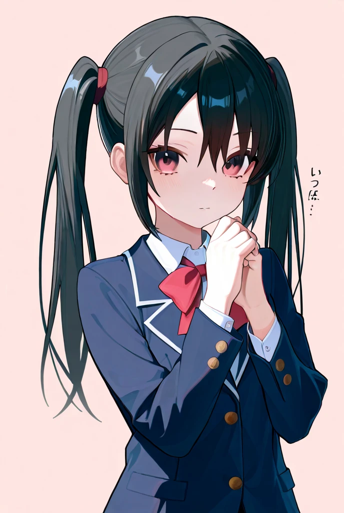 one girl, black hair, twin tail, high school student, school blazer, naive, slender, anime girl, girl focus, cute, long twn tail, necktie, cute pose, ecstatic, cowboy shot, 