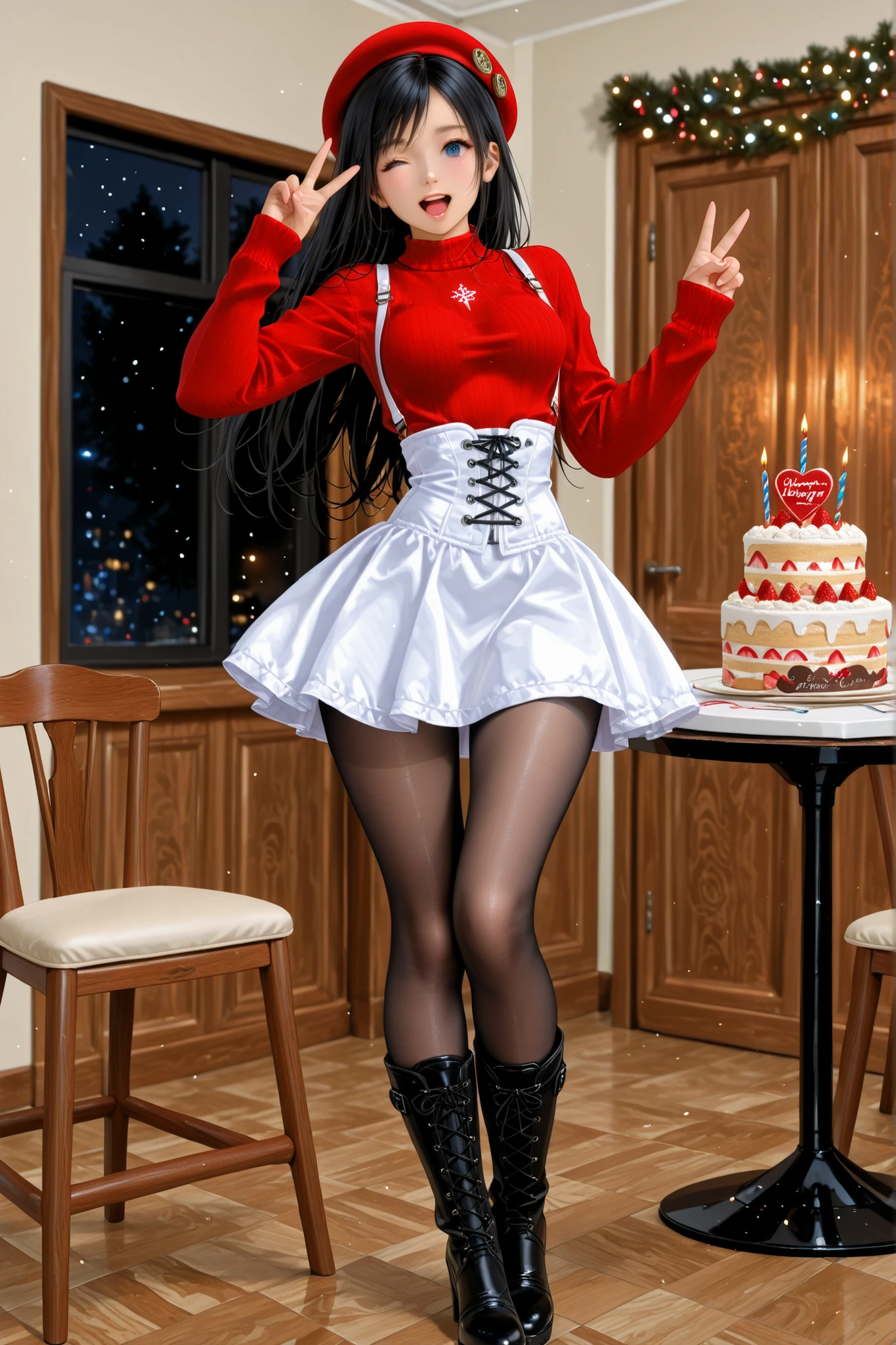 , ,perfect anatomy,masterpiece, Highest Quality, very aesthetic, Ridiculous, (Pyromyz (artist):0.4),,,1girl,kokoro, black hair, long hair, big breast,bouncing breasts,,,,,, kokoro_doa, beautiful blue eyes,,beautiful black hair, long hair, , Very beautiful thighs ,very Beautiful legs, ,,,,,,,,,,,,,,,,,,(white dress corset:1.2), plain patternless red sweater,long sleeved sweater, (white suspenders:1.2),,,white knee-length skirt,boots,high heels,,,pantyhose, red beret ,,,birthday cake on the table,,,,happy,,,,,,open mouth,,,close one eye,,wink,,, ,,,sitting on a chair, making peace signs with hands,,,,,,,, Restaurant, ,,,,,,birthday cake on the table, present, party garland,,,,,,,,