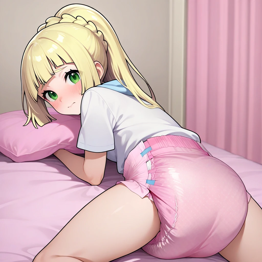 marin kitagawa, bedroom,stand on knees,stand , crawling, ,back view,white heels ,, detailed back,detailed heels,detailed legs, heels in spern,on knees,big ass, on , exhausted ,t form back,looking over her shoulder,choker, tattoo of heart on butt